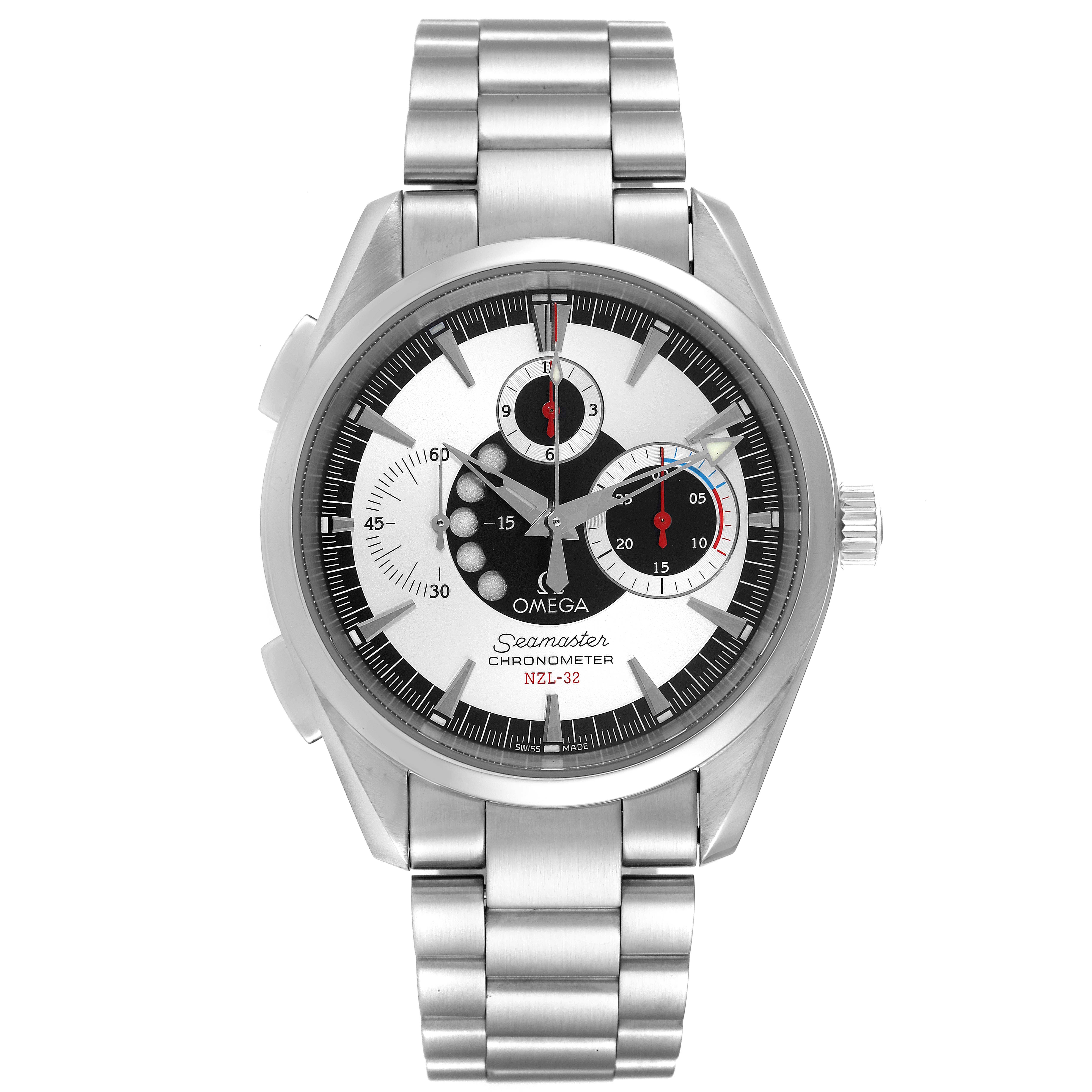 This image shows a front view of an Omega Seamaster Aqua Terra watch with a stainless steel bracelet and multiple subdials.