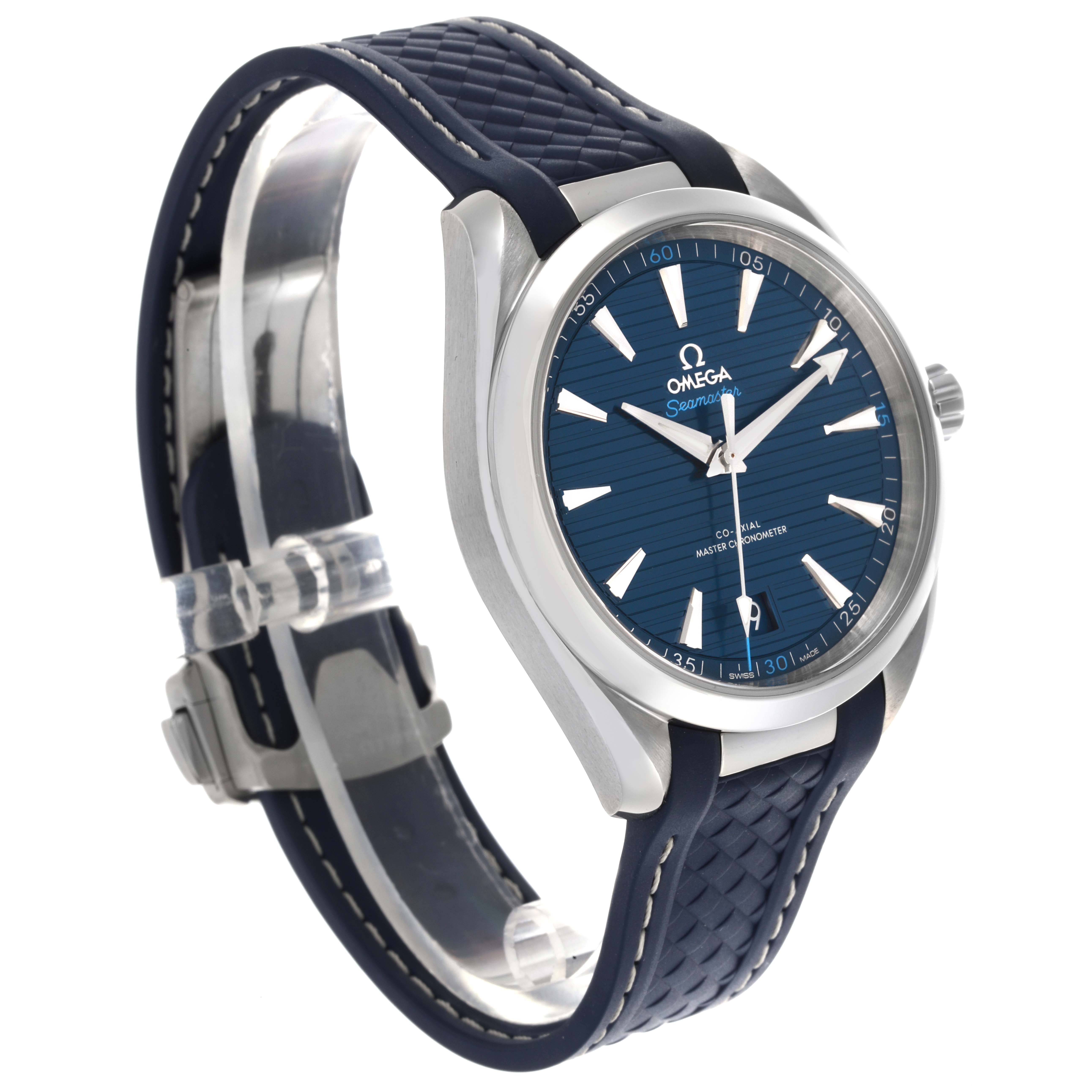 The Omega Aqua Terra 220.12.41.21.03.002 Men's Stainless Steel Blue Dial 220.12.41.21.03.002 Men's Stainless Steel Blue Dial watch is shown at a three-quarter angle, highlighting the blue dial, silver case, and textured strap.