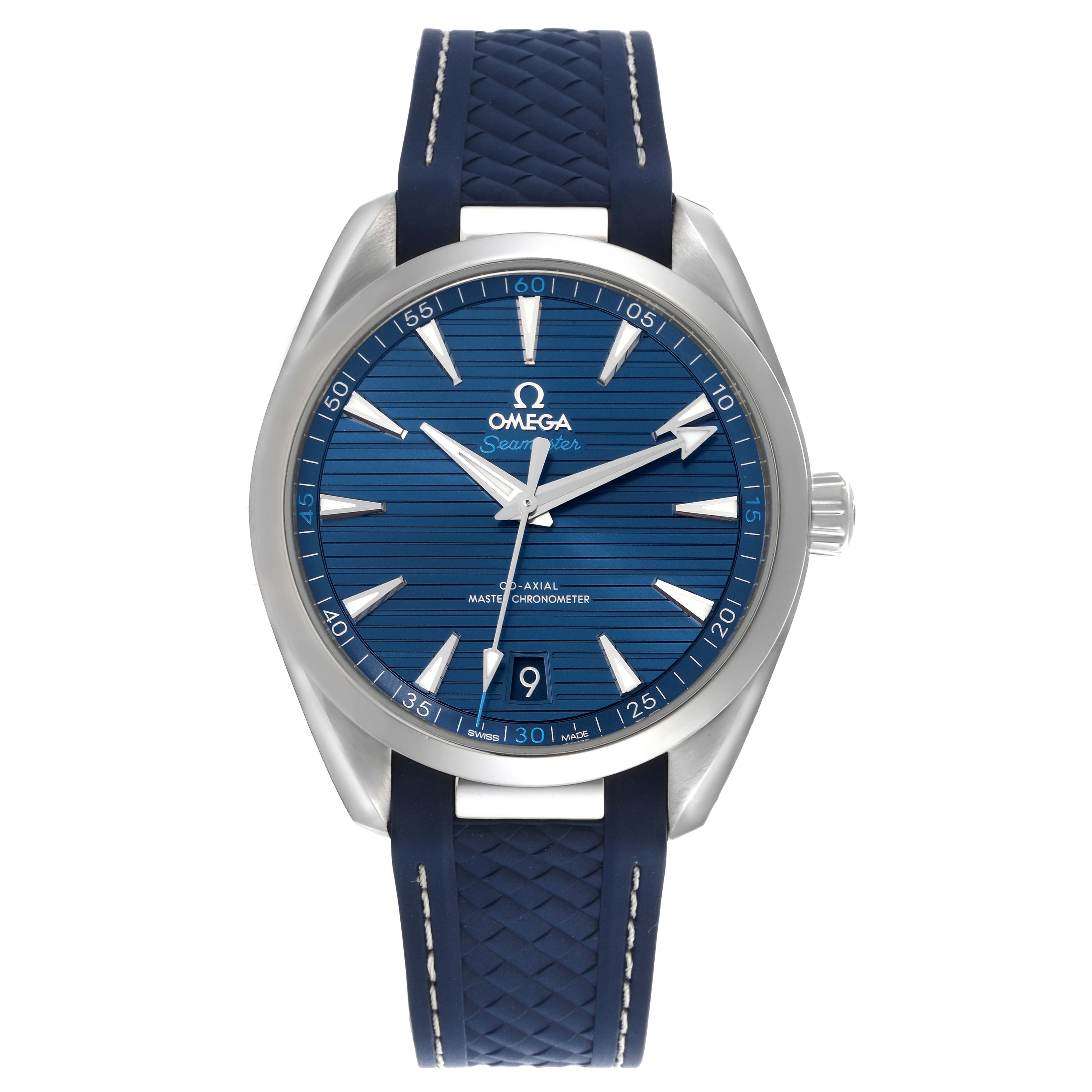 The image shows a front view of the Omega Aqua Terra 220.12.41.21.03.002 Men's Stainless Steel Blue Dial 220.12.41.21.03.002 Men's Stainless Steel Blue Dial watch, highlighting the dial, hands, bezel, and strap.