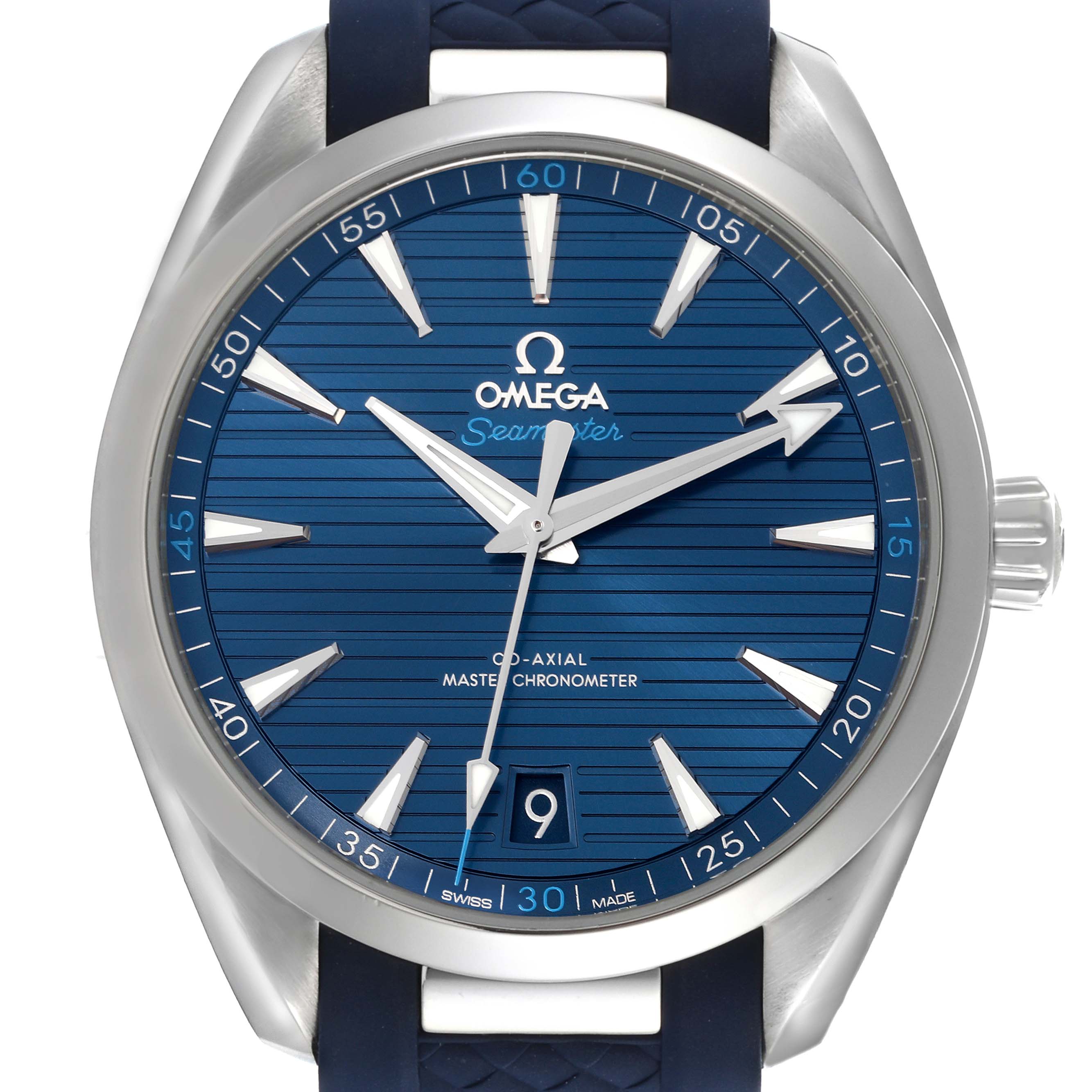 The image shows a front view of the Omega Aqua Terra 220.12.41.21.03.002 Men's Stainless Steel Blue Dial 220.12.41.21.03.002 Men's Stainless Steel Blue Dial watch, highlighting the dial, hands, and bezel.