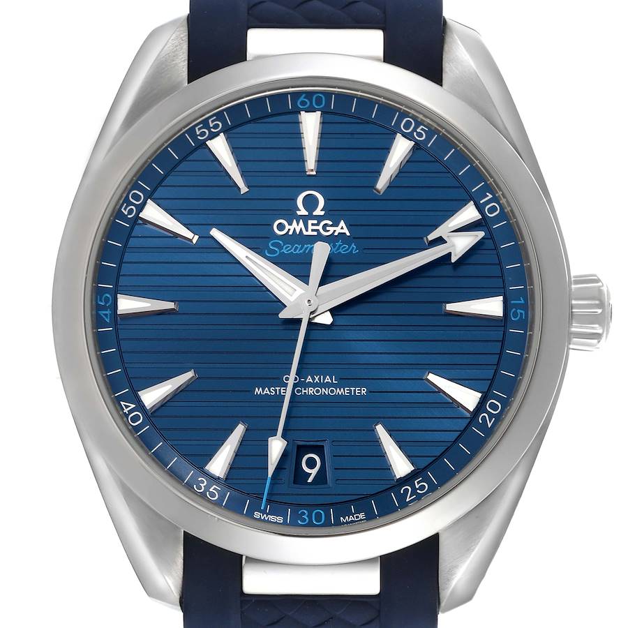 The image shows a front view of the Omega Aqua Terra watch, highlighting the dial, hands, and bezel.