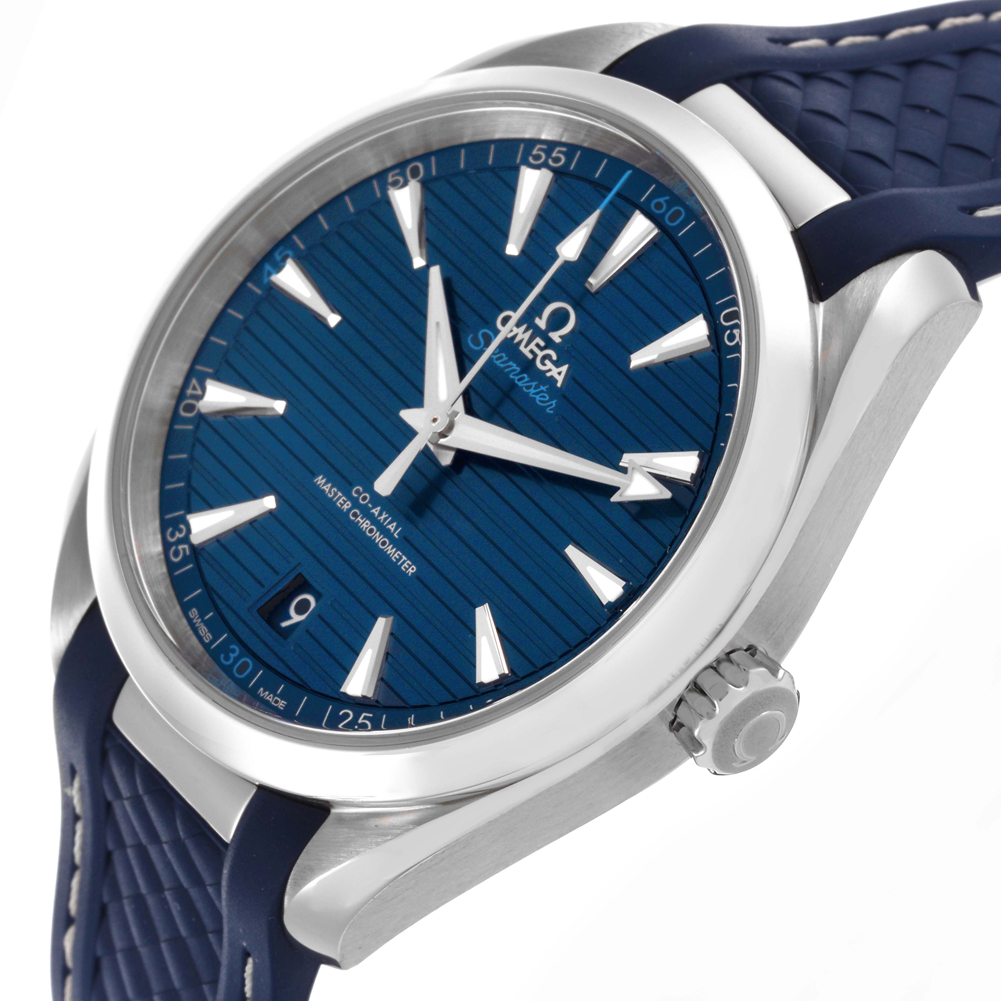The Omega Aqua Terra 220.12.41.21.03.002 Men's Stainless Steel Blue Dial 220.12.41.21.03.002 Men's Stainless Steel Blue Dial watch is shown at an angled view, highlighting the blue dial, indices, bezel, crown, and strap.