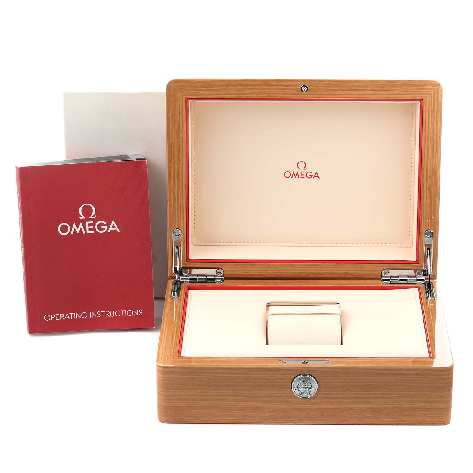 The image shows an open Omega Aqua Terra 220.12.41.21.03.002 Men's Stainless Steel Blue Dial 220.12.41.21.03.002 Men's Stainless Steel Blue Dial watch box and operating instructions, viewed from the front.