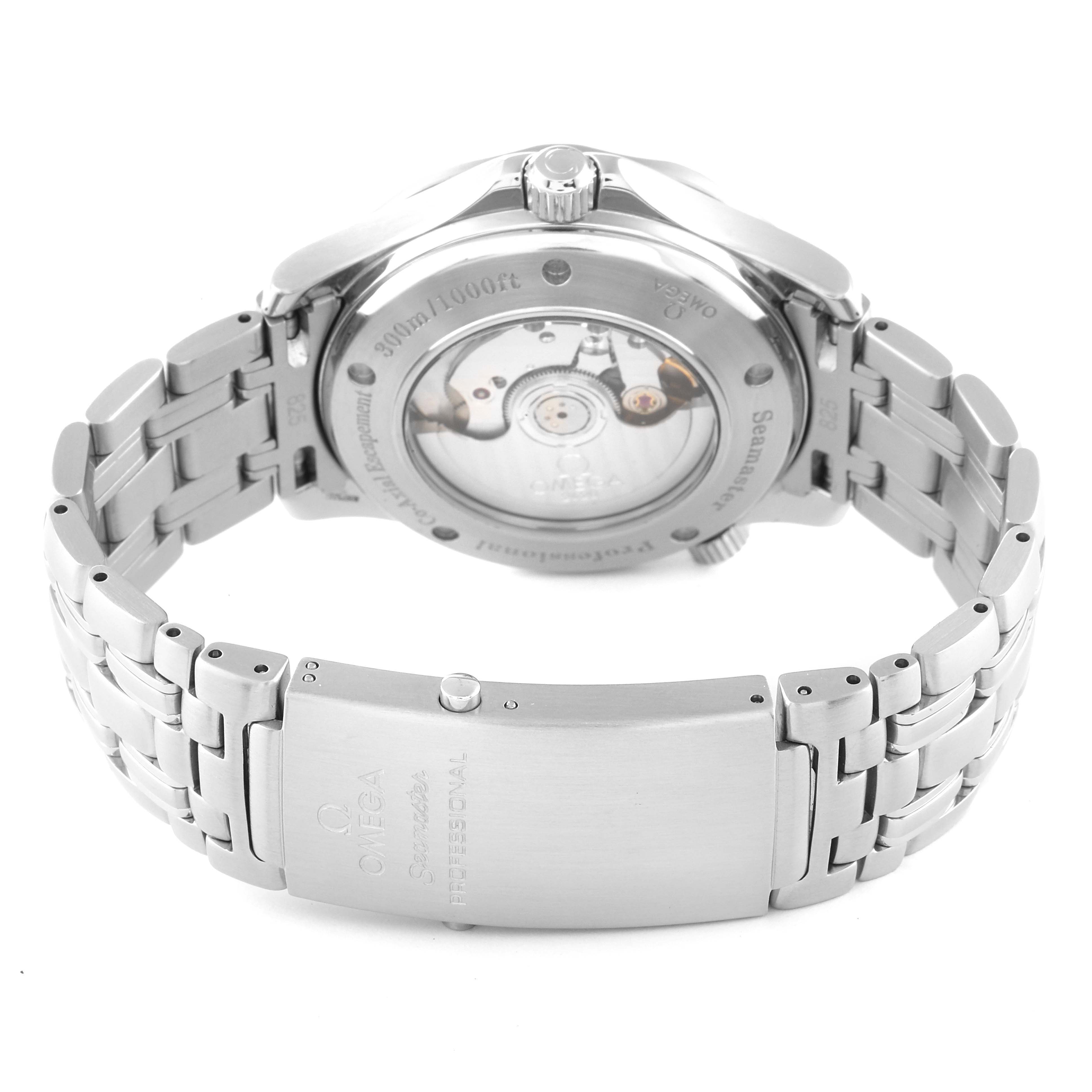 The image shows the back view of the Omega Seamaster 2535.80.00 Men's Stainless Steel Blue Dial 2535.80.00 Men's Stainless Steel Blue Dial watch, highlighting the case back and stainless steel bracelet.