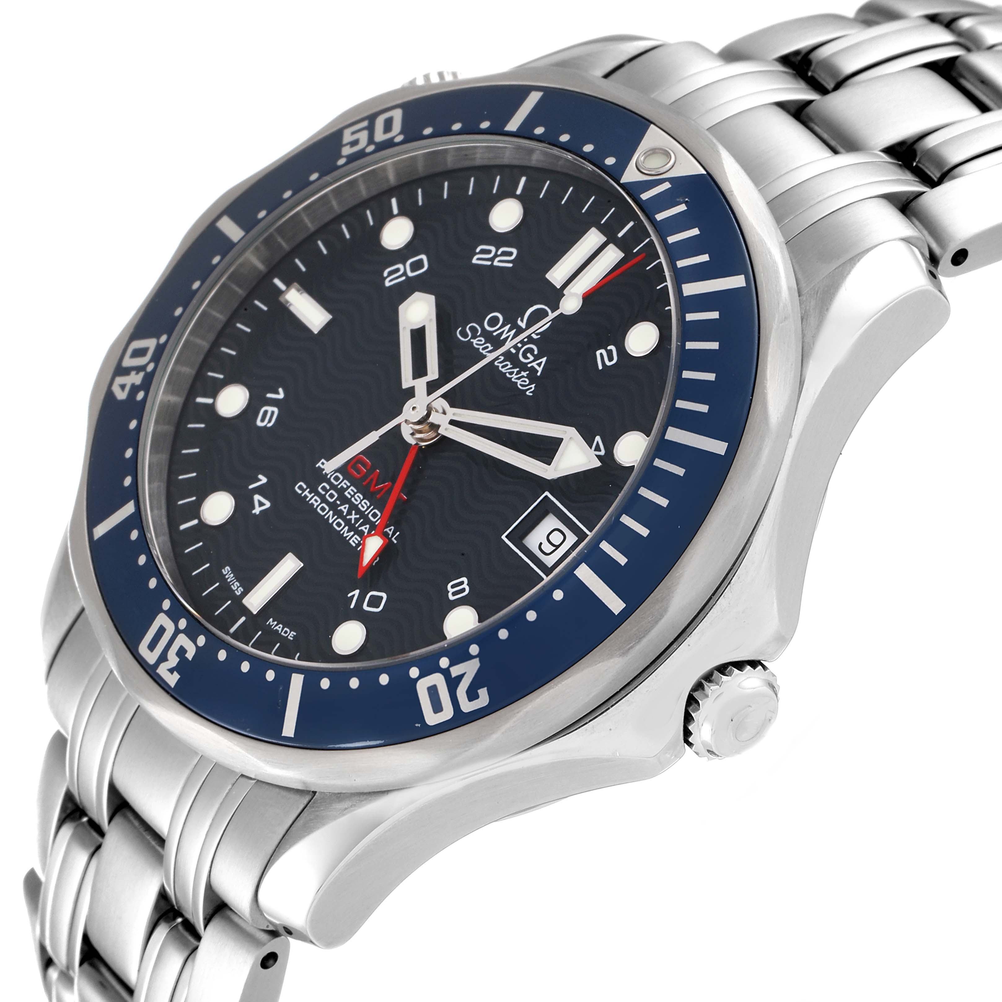 The image shows a side angle of the Omega Seamaster 2535.80.00 Men's Stainless Steel Blue Dial 2535.80.00 Men's Stainless Steel Blue Dial watch, highlighting the dial, bezel, crown, and bracelet.