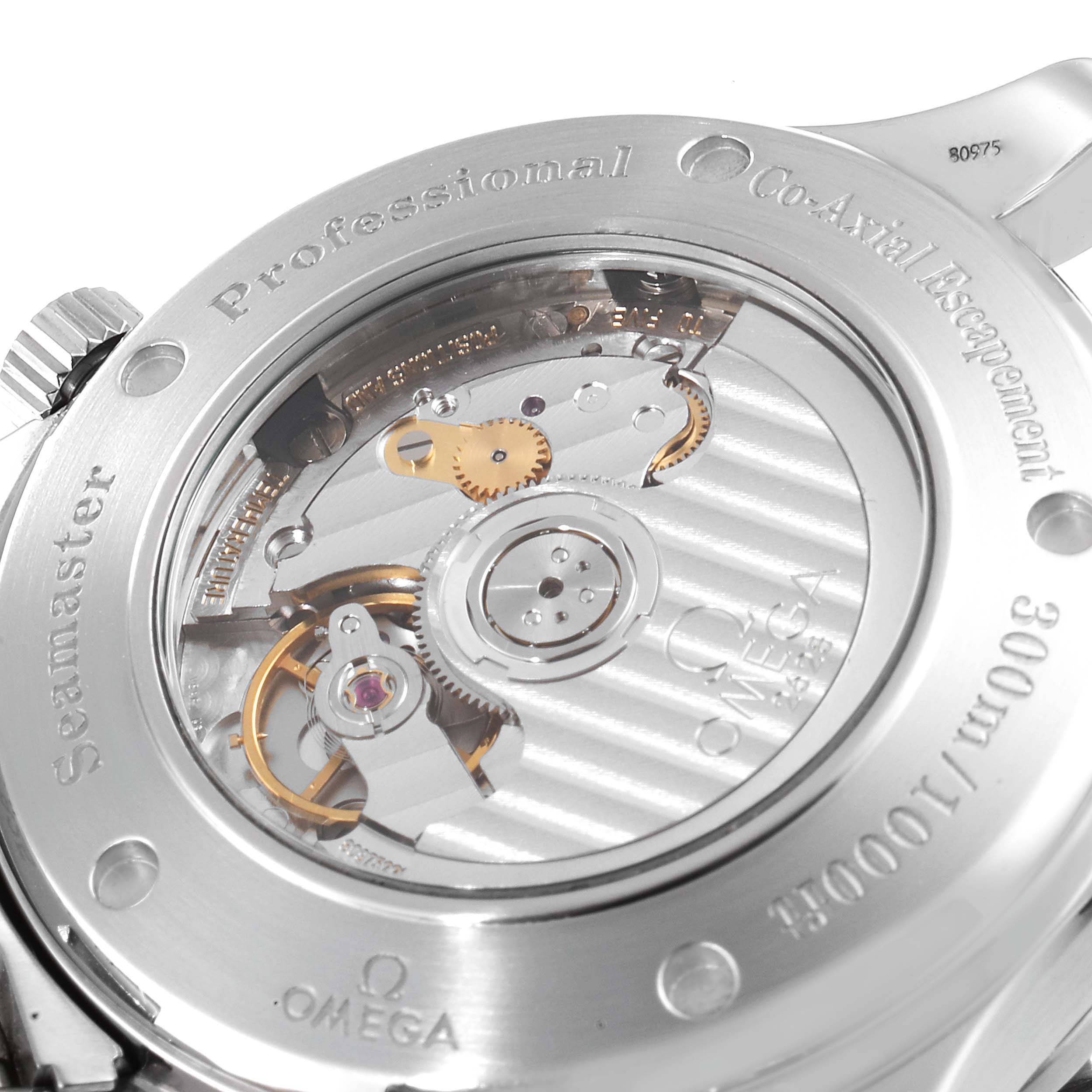 This is the back view of the Omega Seamaster 2535.80.00 Men's Stainless Steel Blue Dial 2535.80.00 Men's Stainless Steel Blue Dial showing the Co-Axial escapement and internal mechanisms.