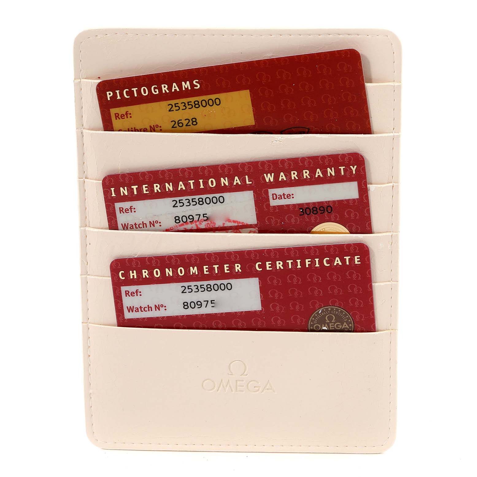 This image shows warranty cards for the Omega Seamaster 2535.80.00 Men's Stainless Steel Blue Dial 2535.80.00 Men's Stainless Steel Blue Dial model inside a white cardholder.