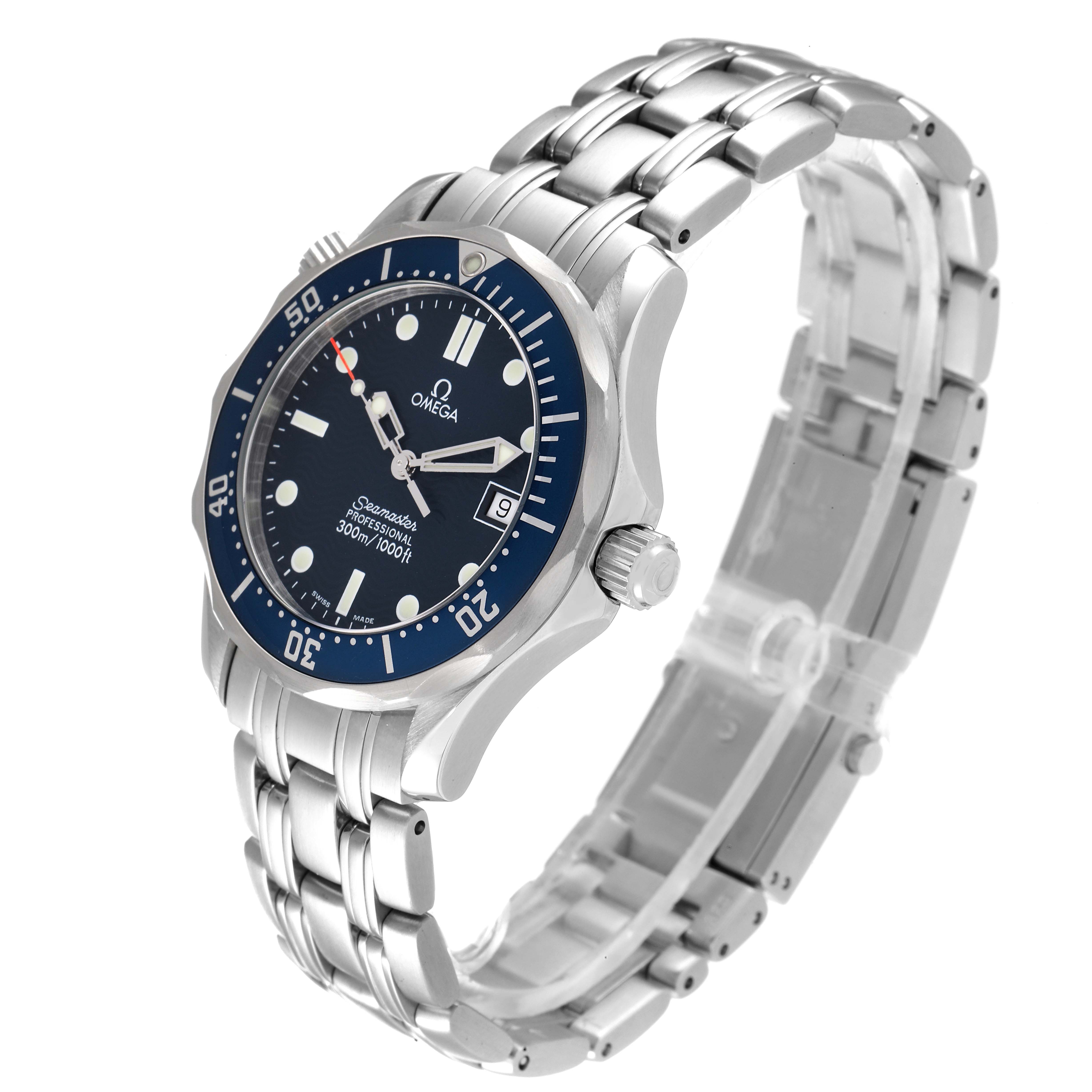 The Omega Seamaster 2561.80.00 Men's Stainless Steel Blue Dial 2561.80.00 Men's Stainless Steel Blue Dial watch is shown at a three-quarter angle, displaying the face, bezel, crown, and stainless steel bracelet.
