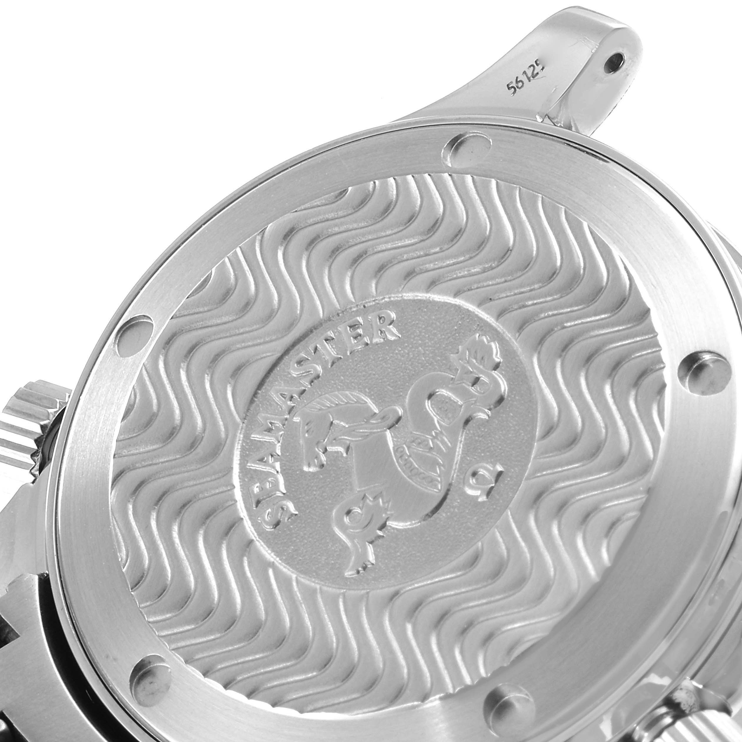 The image shows the back case of an Omega Seamaster 2561.80.00 Men's Stainless Steel Blue Dial 2561.80.00 Men's Stainless Steel Blue Dial watch, featuring an engraved wave pattern and the logo.