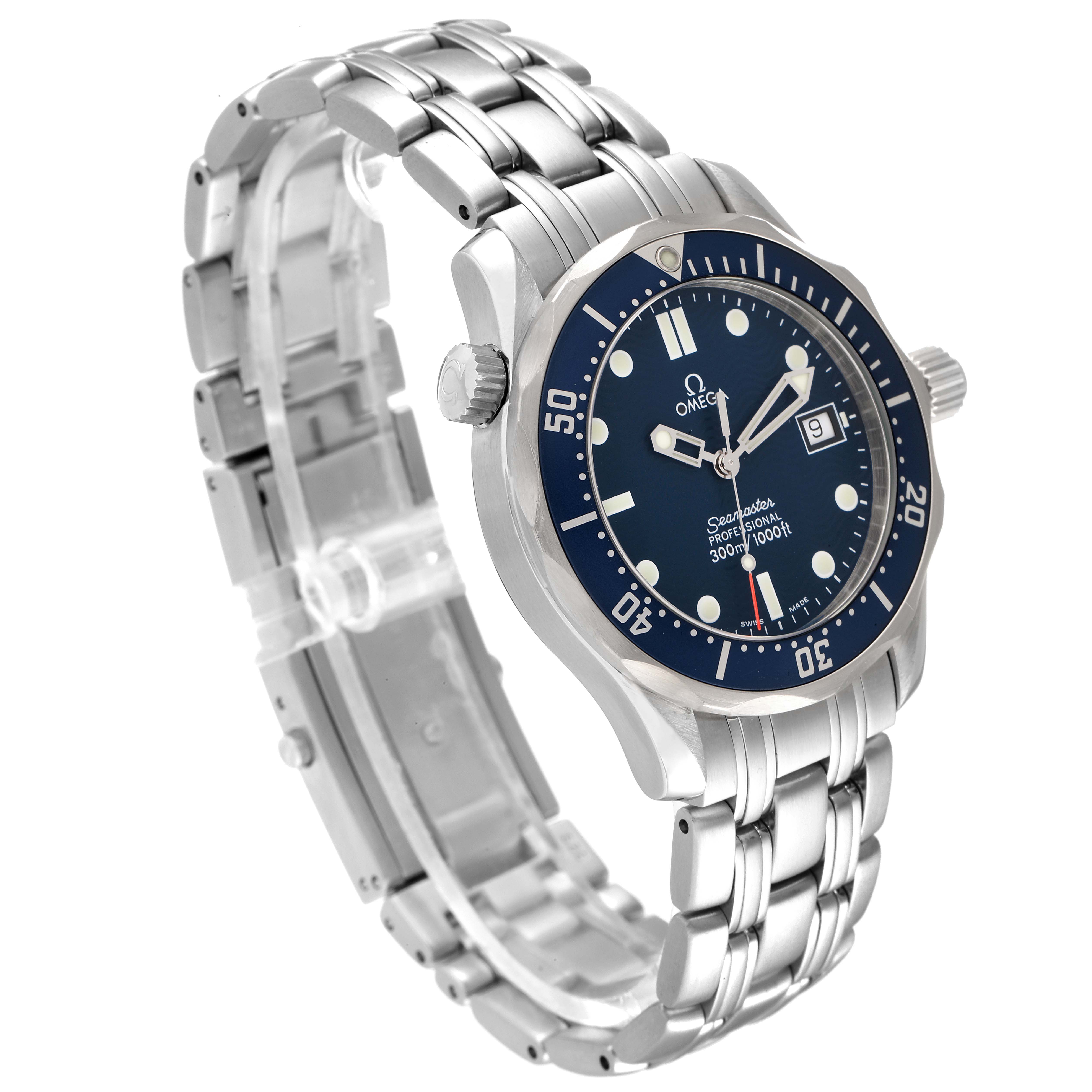 The image shows an angled view of an Omega Seamaster 2561.80.00 Men's Stainless Steel Blue Dial 2561.80.00 Men's Stainless Steel Blue Dial watch, highlighting the dial, bezel, crown, and bracelet.