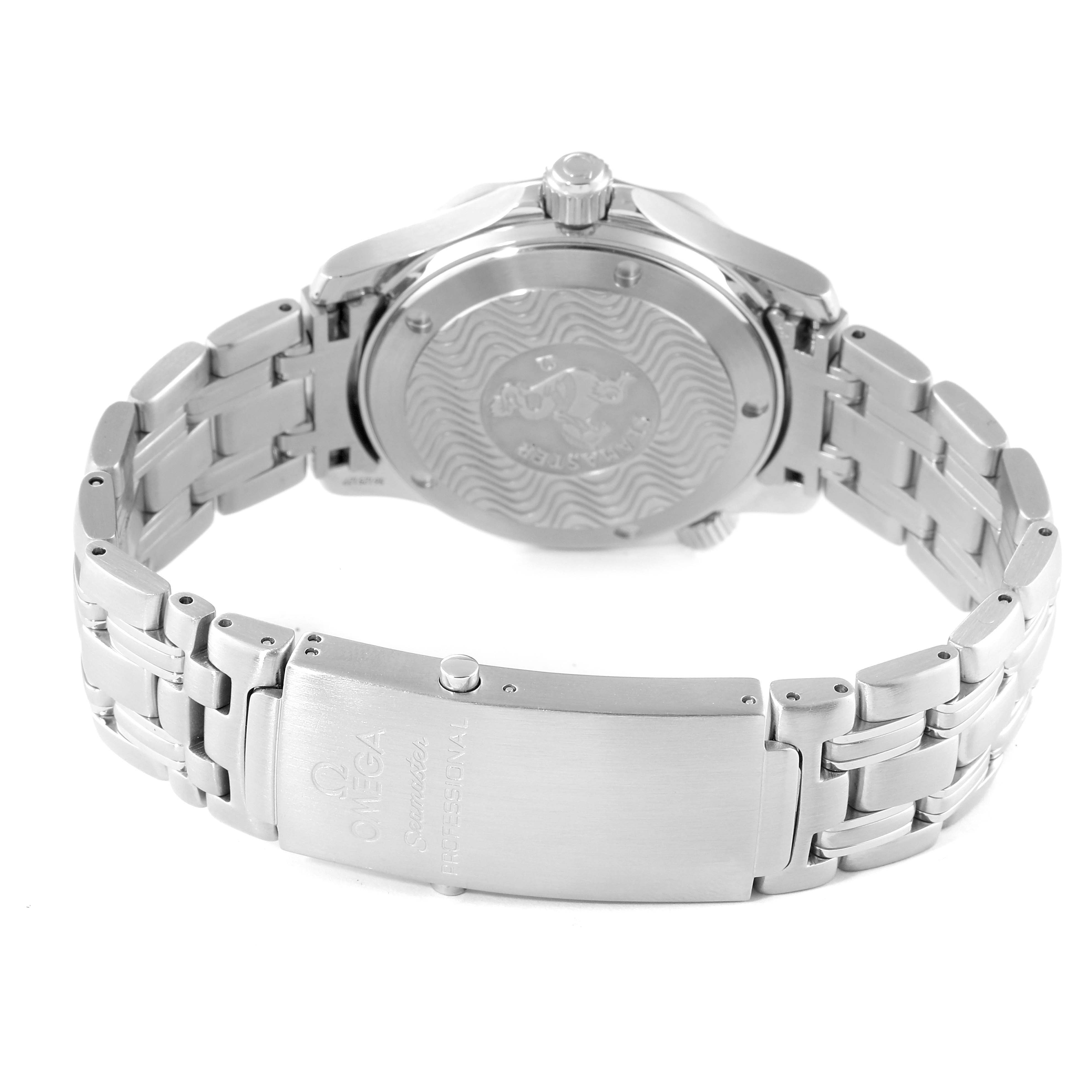 The image shows the backside and clasp of an Omega Seamaster 2561.80.00 Men's Stainless Steel Blue Dial 2561.80.00 Men's Stainless Steel Blue Dial watch, highlighting the case back and stainless steel bracelet.