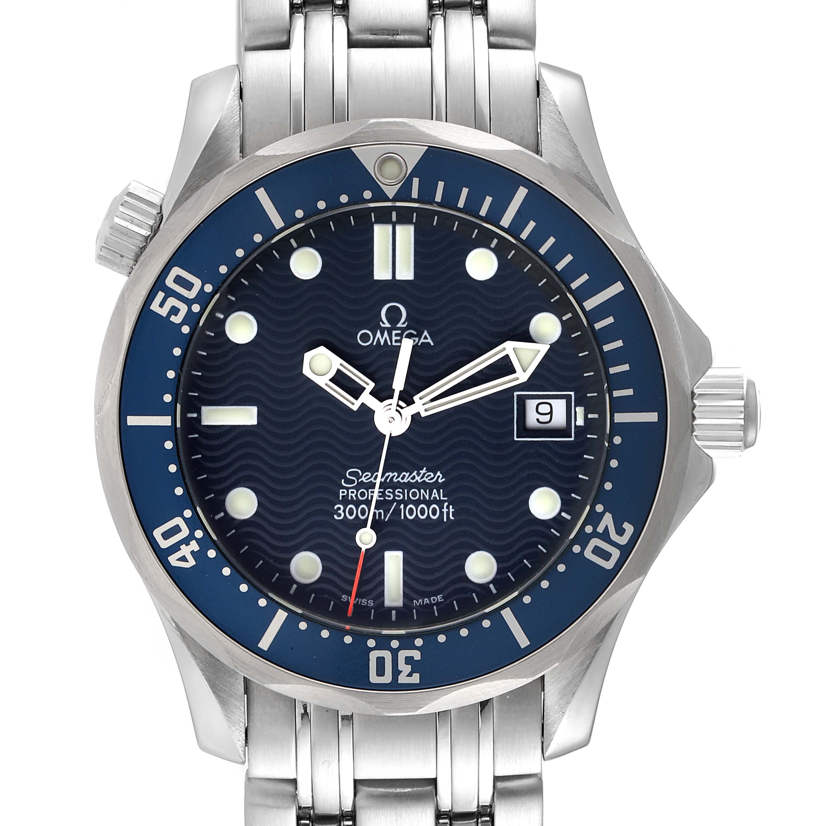 The Omega Seamaster 2561.80.00 Men's Stainless Steel Blue Dial 2561.80.00 Men's Stainless Steel Blue Dial model is shown from a front angle, displaying the dial, bezel, hands, and part of the metal bracelet.