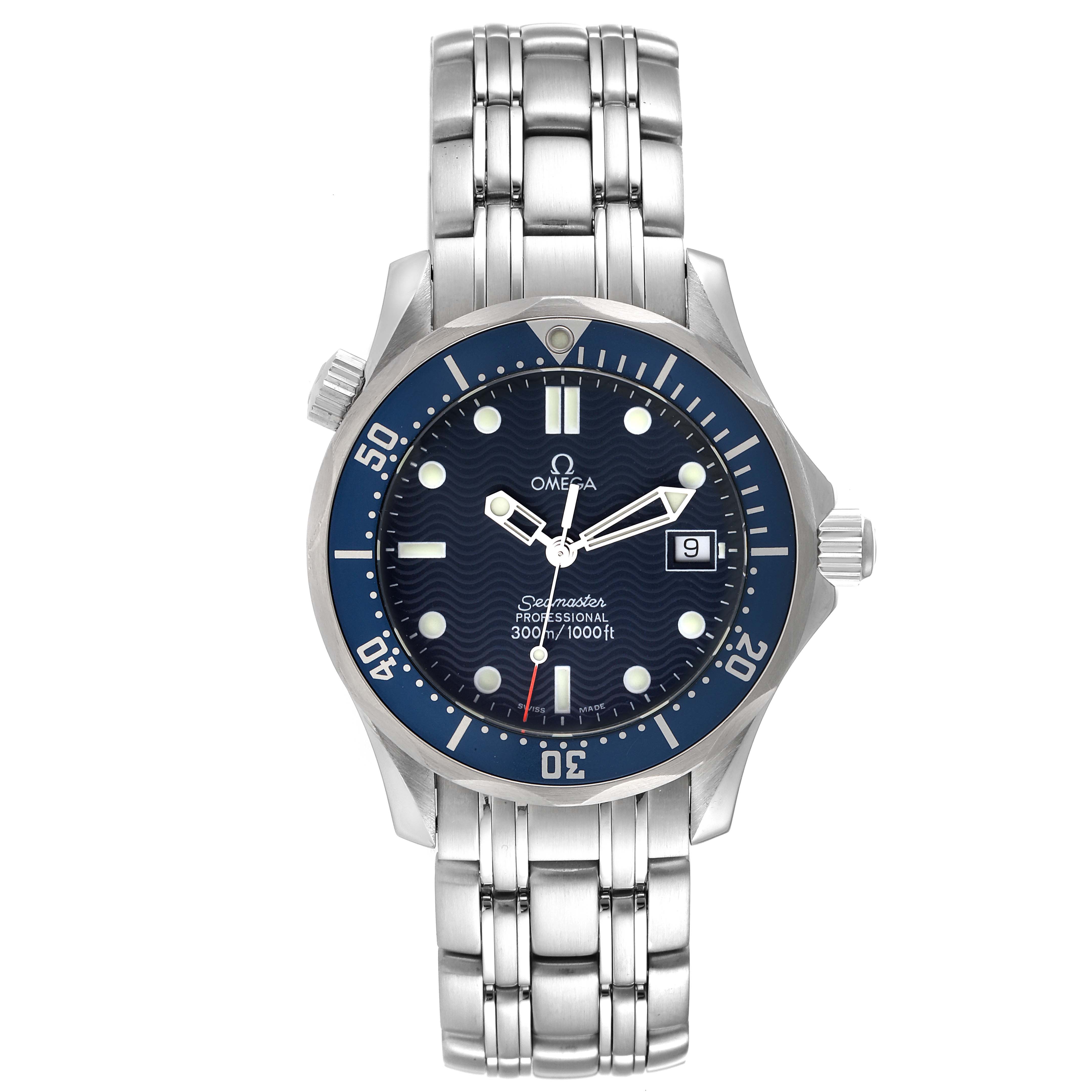 The image shows a front view of the Omega Seamaster 2561.80.00 Men's Stainless Steel Blue Dial 2561.80.00 Men's Stainless Steel Blue Dial watch, highlighting the face, bezel, bracelet, and crown.