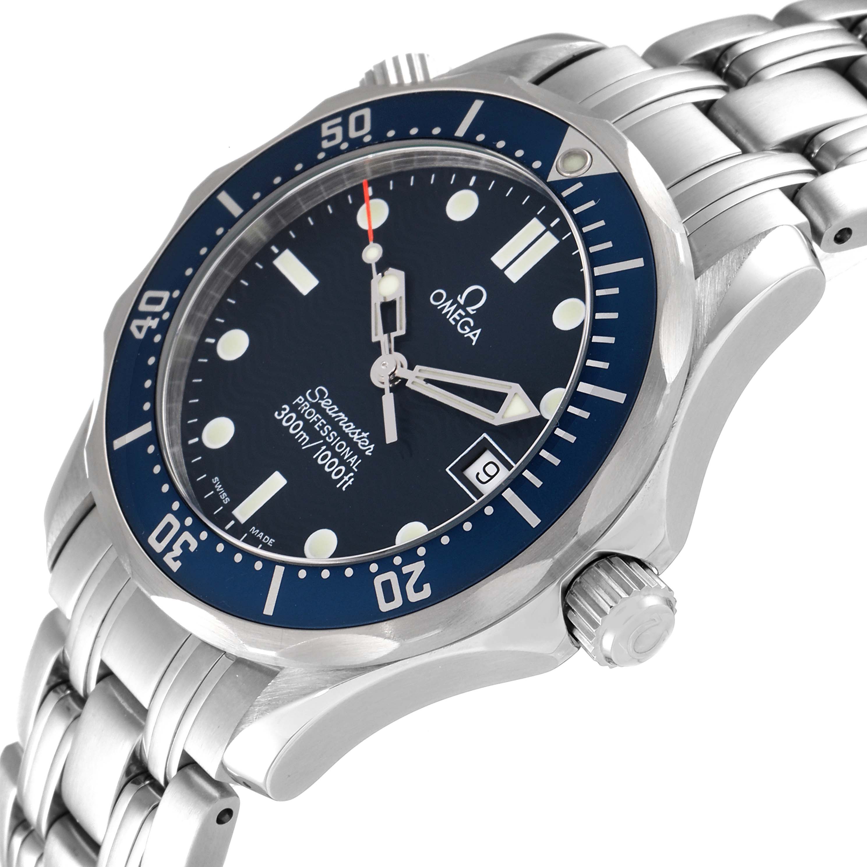 The image shows a side angle of the Omega Seamaster 2561.80.00 Men's Stainless Steel Blue Dial 2561.80.00 Men's Stainless Steel Blue Dial 300m, highlighting the dial, bezel, and part of the stainless steel bracelet.