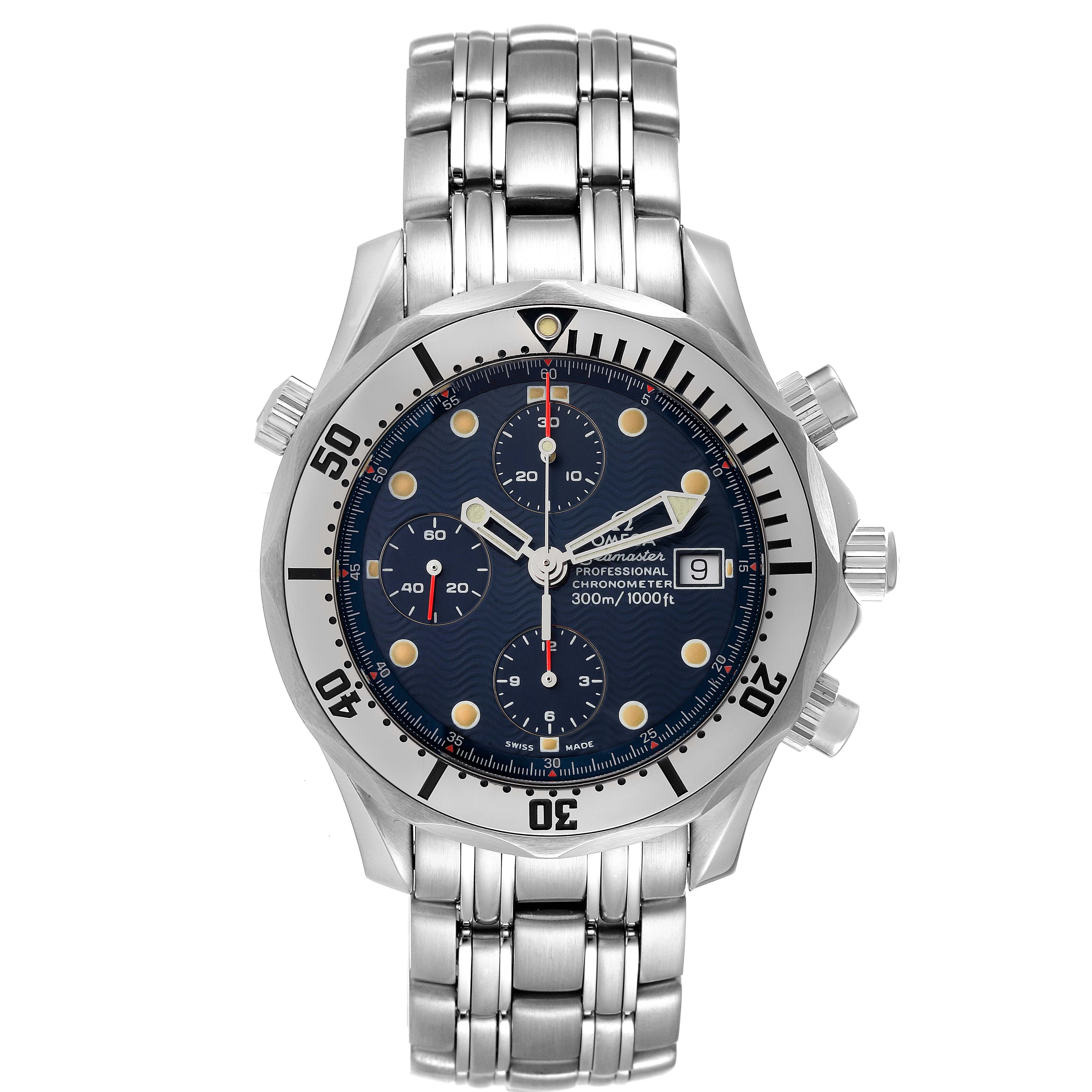 This image shows the front view of the Omega Seamaster 2598.80.00 Men's Stainless Steel Blue Dial 2598.80.00 Men's Stainless Steel Blue Dial watch, highlighting its dial, bezel, and stainless steel bracelet.