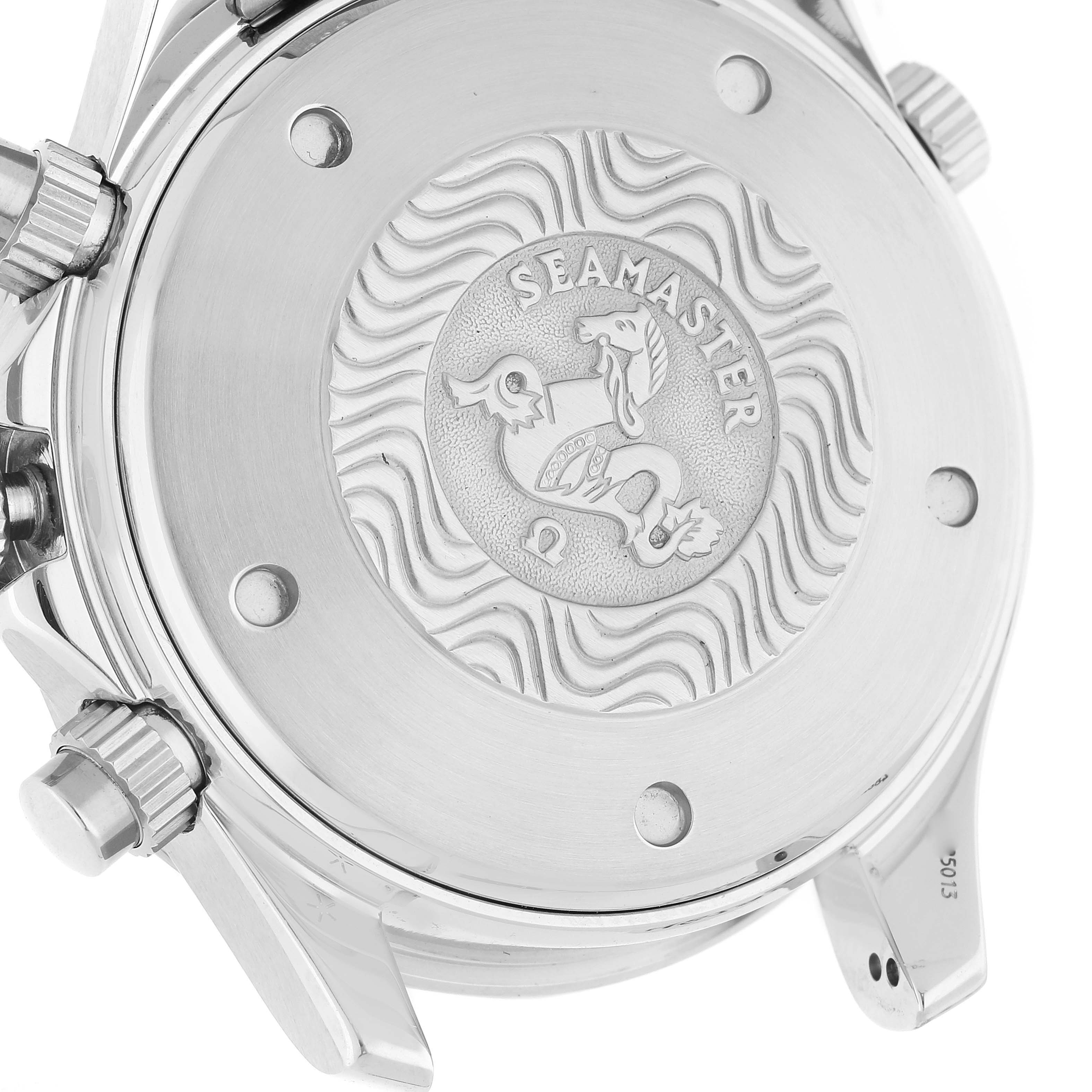 The image shows a close-up of the back case of an Omega Seamaster 2598.80.00 Men's Stainless Steel Blue Dial 2598.80.00 Men's Stainless Steel Blue Dial watch, displaying its engravings and design.