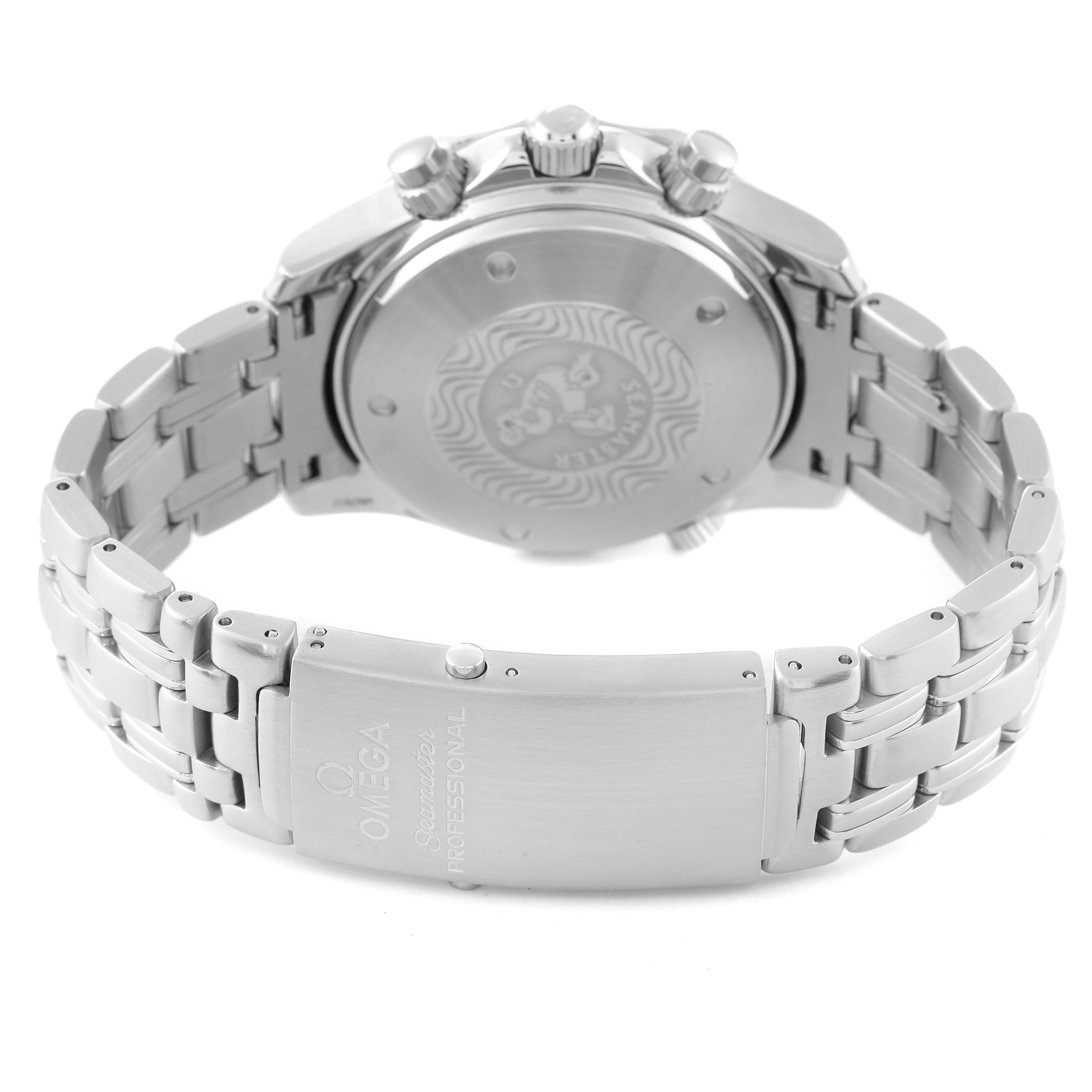 The image shows a rear angle of the Omega Seamaster 2598.80.00 Men's Stainless Steel Blue Dial 2598.80.00 Men's Stainless Steel Blue Dial watch, highlighting its clasp, bracelet, and case back.