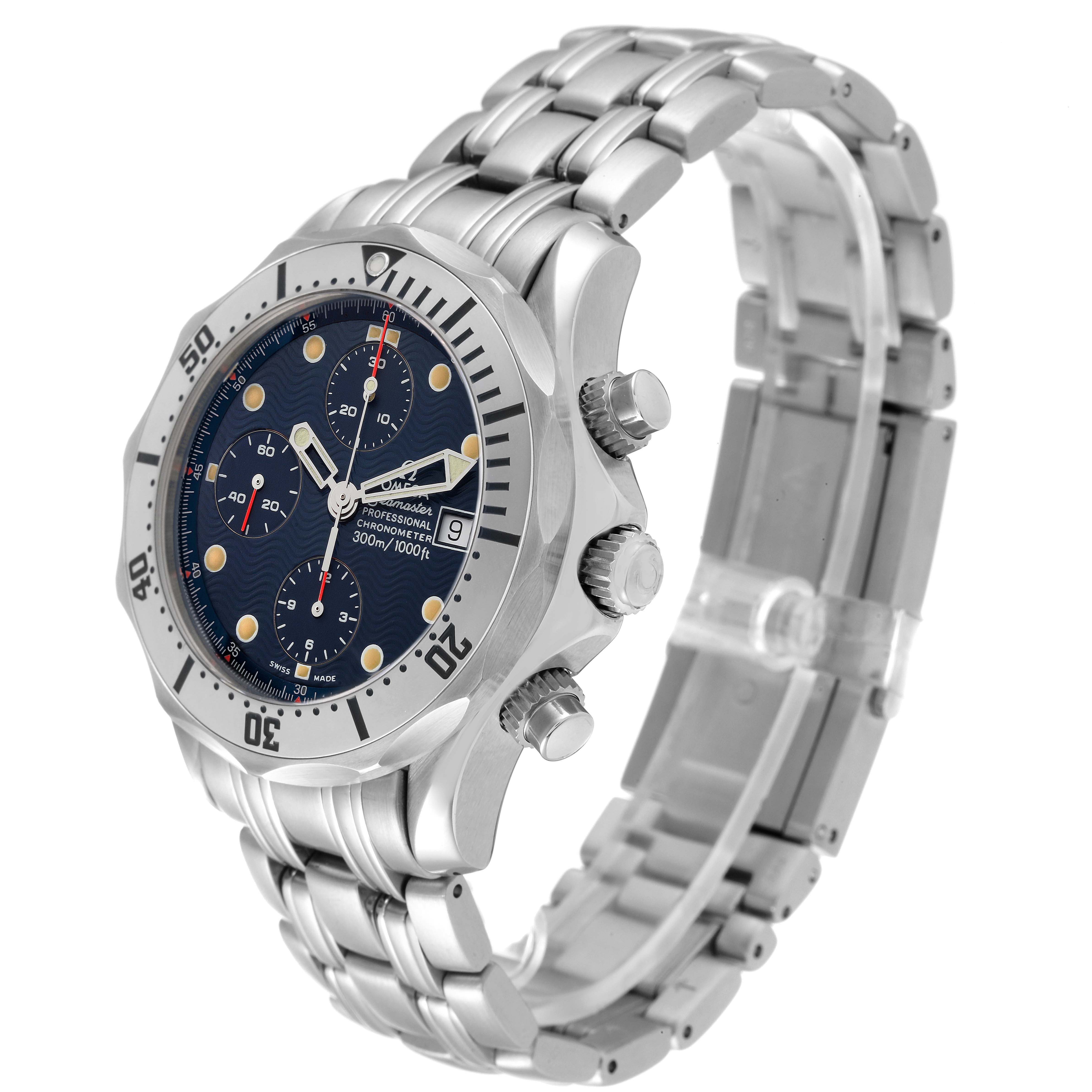 The image shows an Omega Seamaster 2598.80.00 Men's Stainless Steel Blue Dial 2598.80.00 Men's Stainless Steel Blue Dial watch at a three-quarter angle, highlighting its bracelet, bezel, and dial.