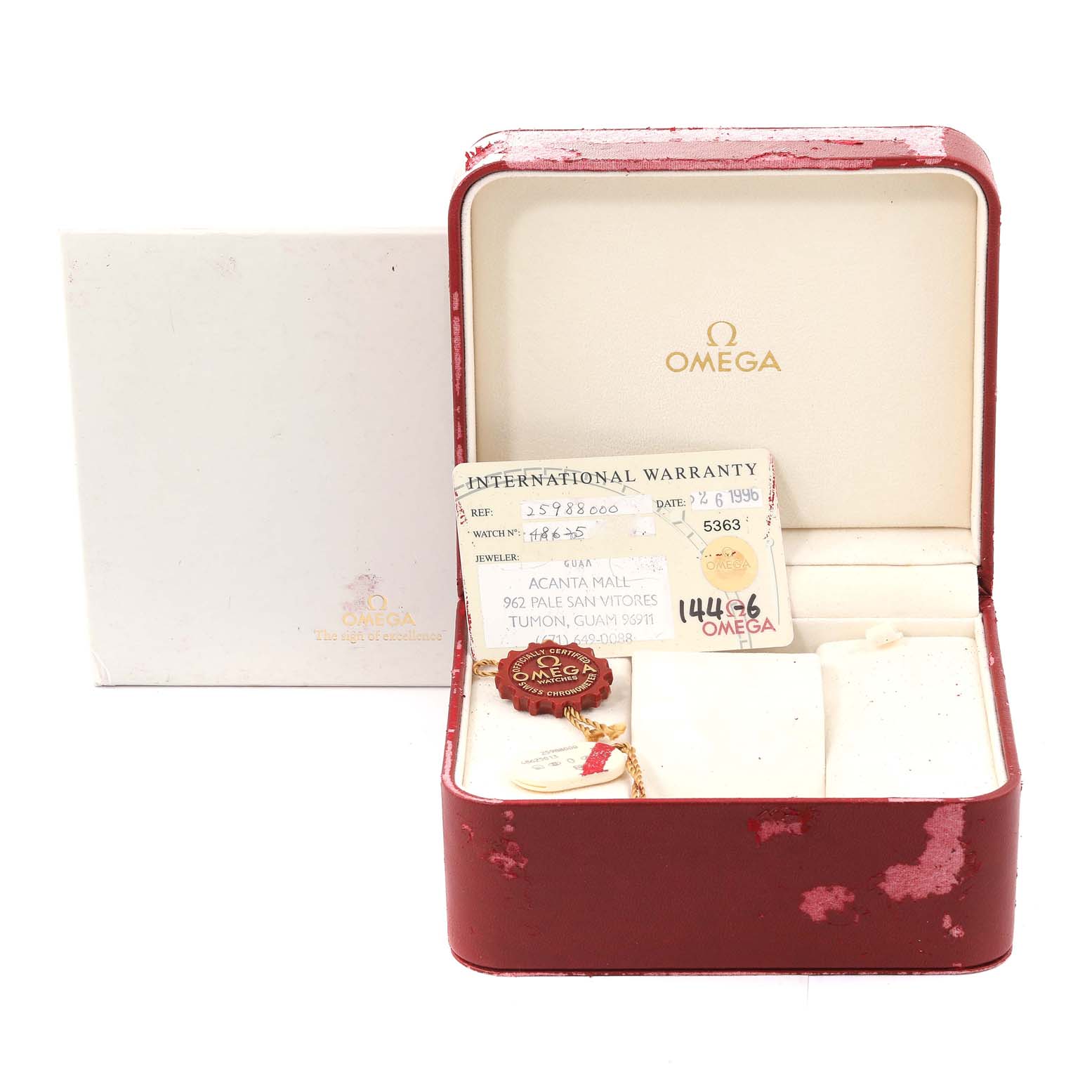 This image shows an Omega Seamaster 2598.80.00 Men's Stainless Steel Blue Dial 2598.80.00 Men's Stainless Steel Blue Dial watch box with international warranty card and accessories inside, viewed from the front.