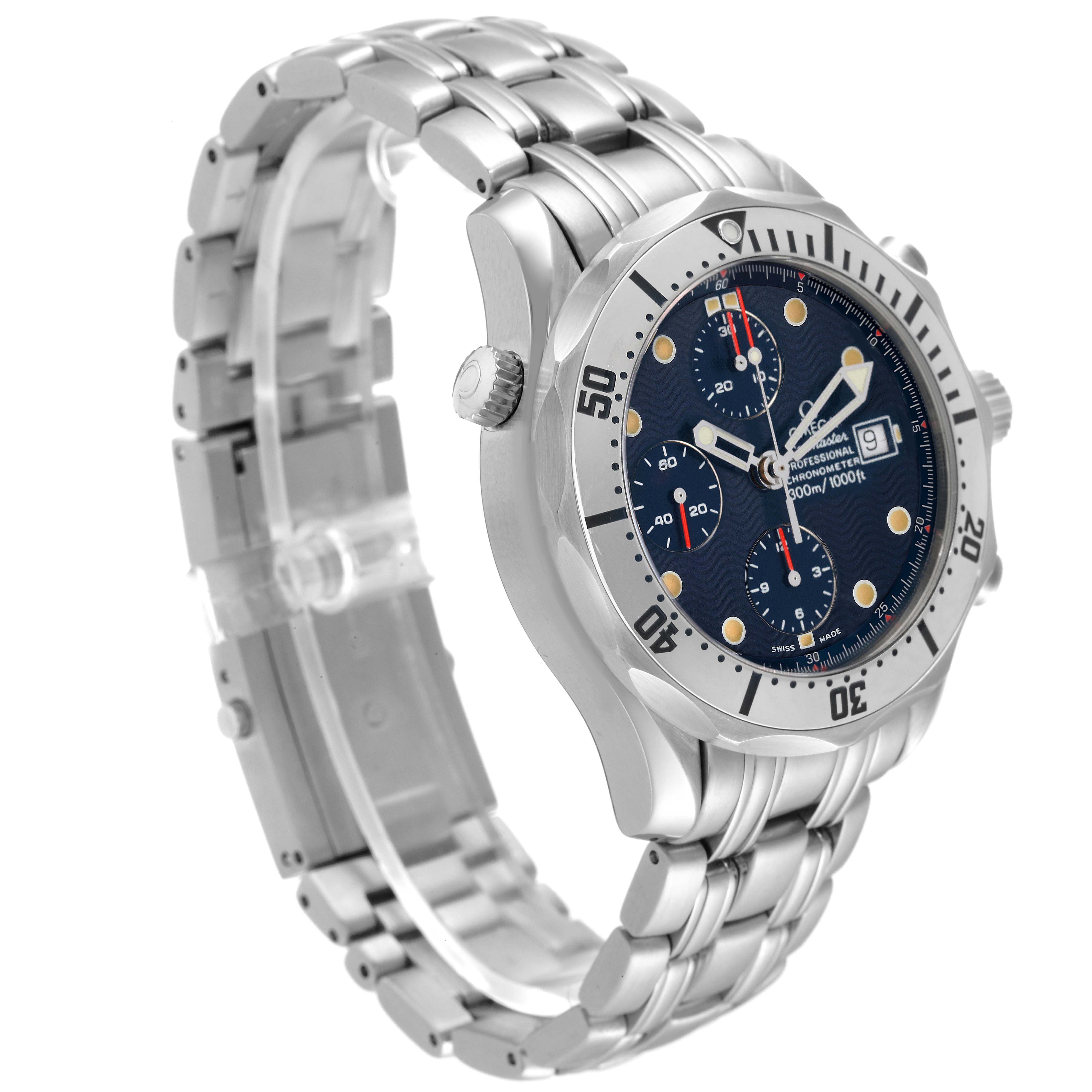 The Omega Seamaster 2598.80.00 Men's Stainless Steel Blue Dial 2598.80.00 Men's Stainless Steel Blue Dial watch is shown at an angle from the right, displaying its dial, bracelet, and side crown.