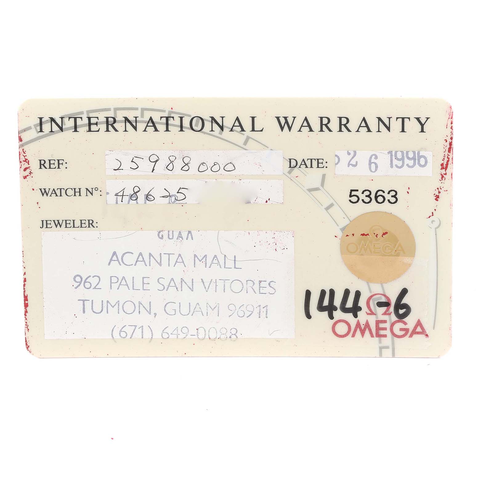 This image shows the international warranty card for an Omega Seamaster 2598.80.00 Men's Stainless Steel Blue Dial 2598.80.00 Men's Stainless Steel Blue Dial watch.
