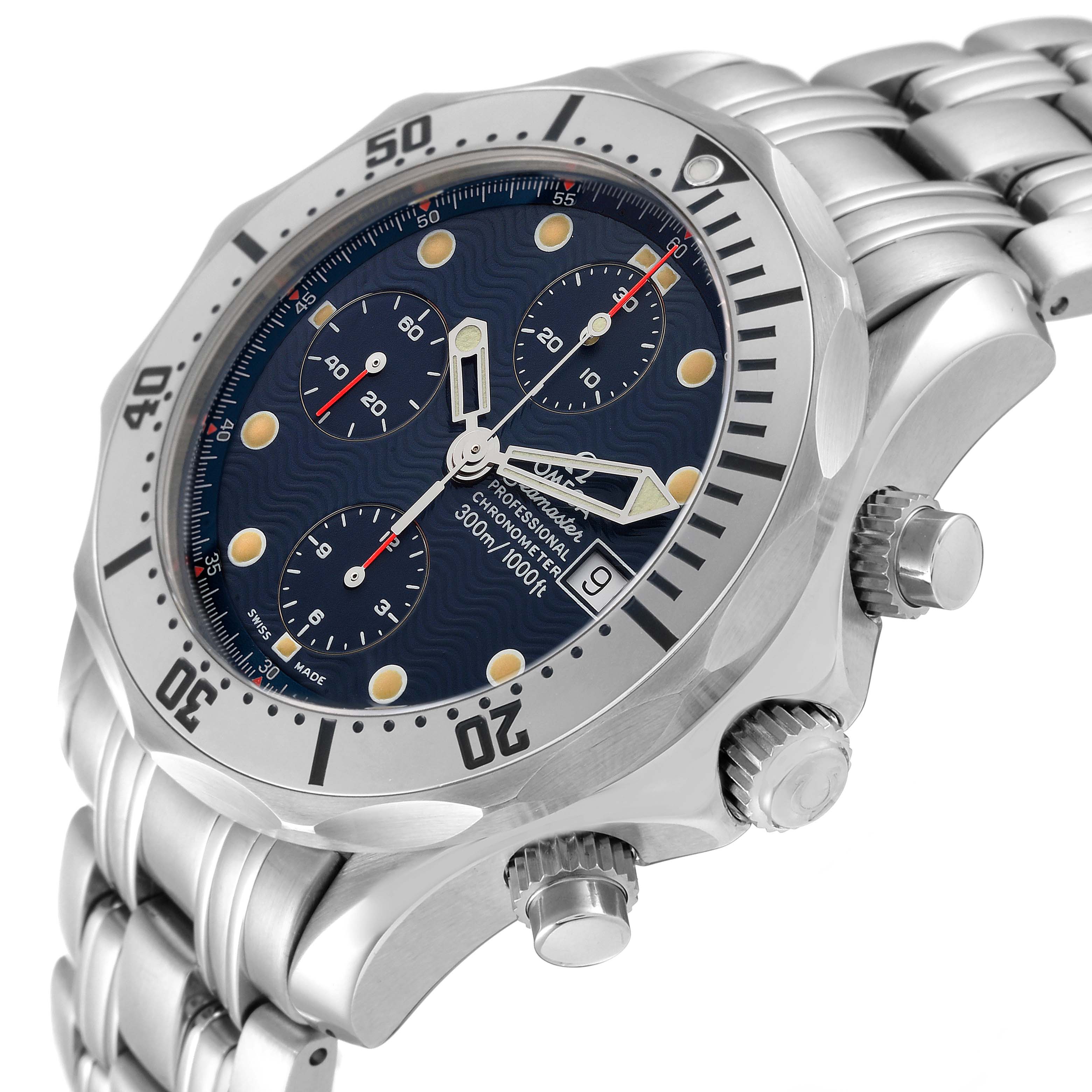The Omega Seamaster 2598.80.00 Men's Stainless Steel Blue Dial 2598.80.00 Men's Stainless Steel Blue Dial watch is shown from a three-quarter angle, highlighting the bezel, dial, bracelet, and crown.