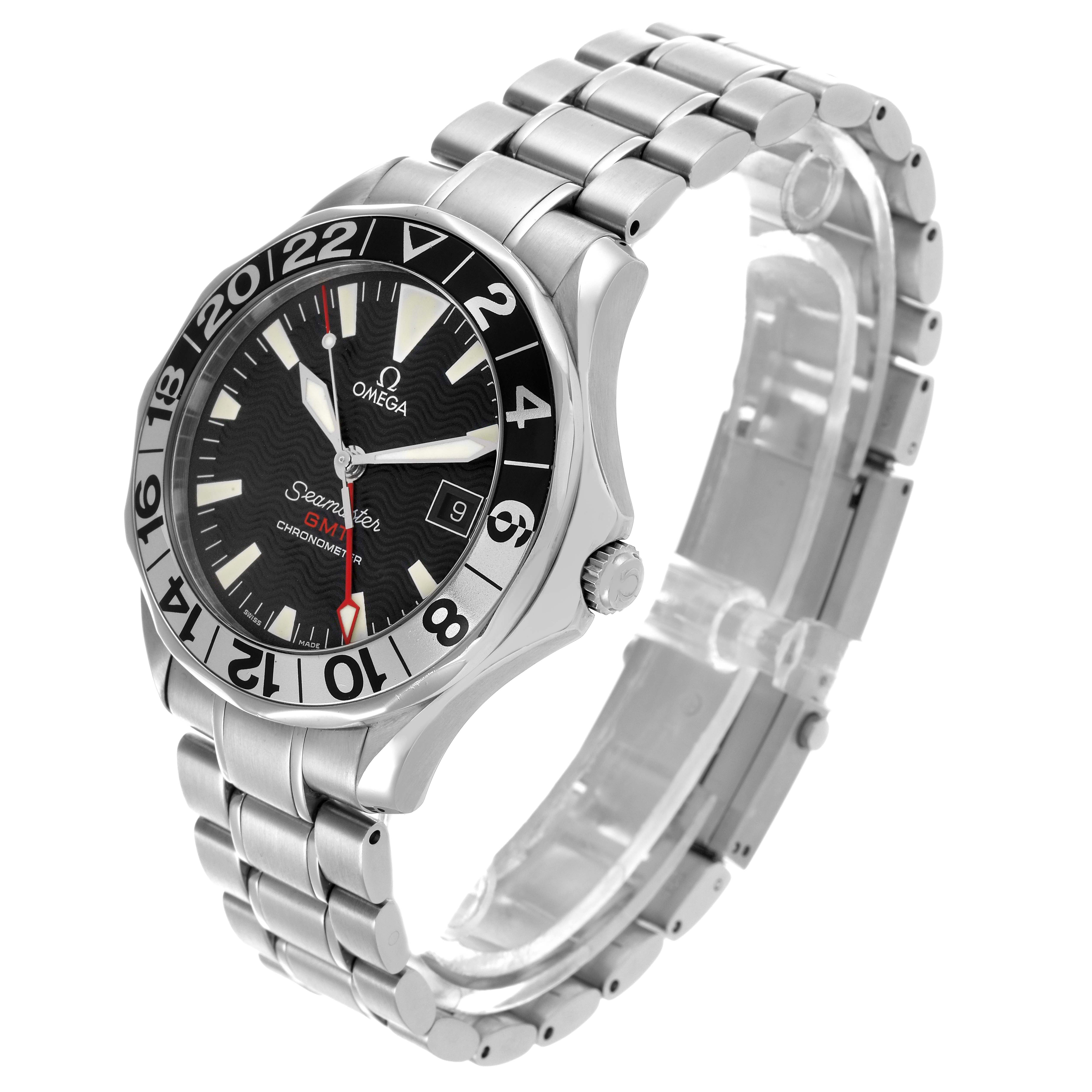 The Omega Seamaster 2536.50.00 Men
s Stainless Steel Black Dial 2536.50.00 Men
s Stainless Steel Black Dial watch is shown at an angled view highlighting its bezel, dial, crown, and metal bracelet.