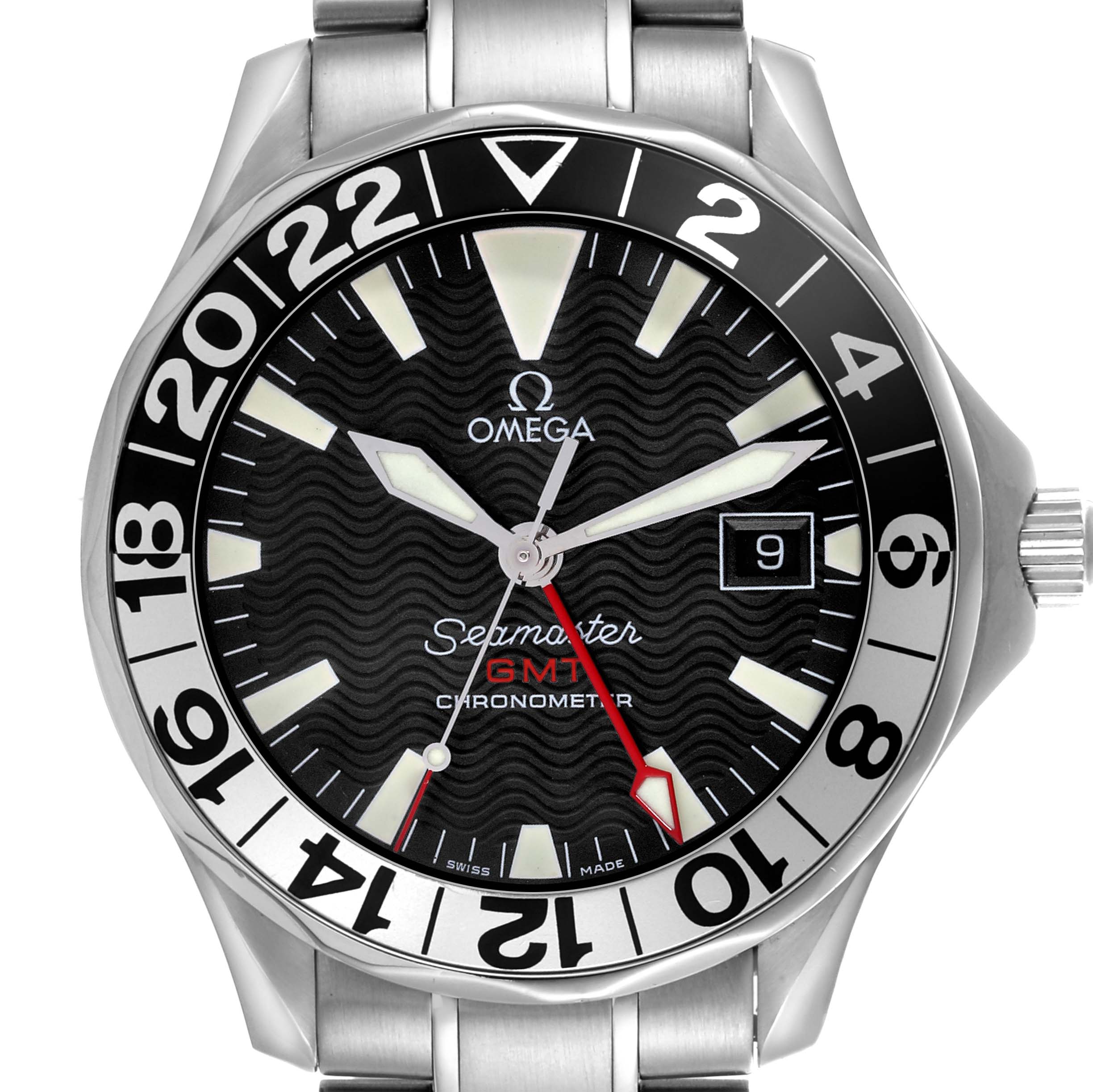The Omega Seamaster 2536.50.00 Men
s Stainless Steel Black Dial 2536.50.00 Men
s Stainless Steel Black Dial watch is shown from a frontal angle, featuring the face, bezel, and part of the bracelet.