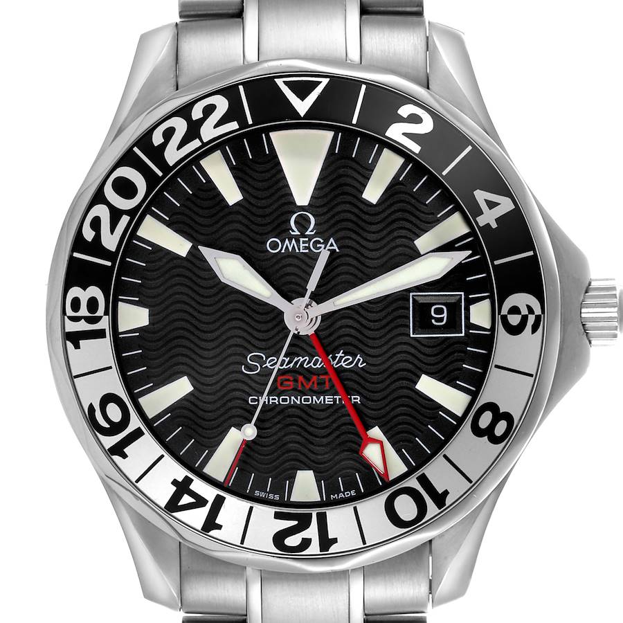 The Omega Seamaster watch is shown from a frontal angle, featuring the face, bezel, and part of the bracelet.