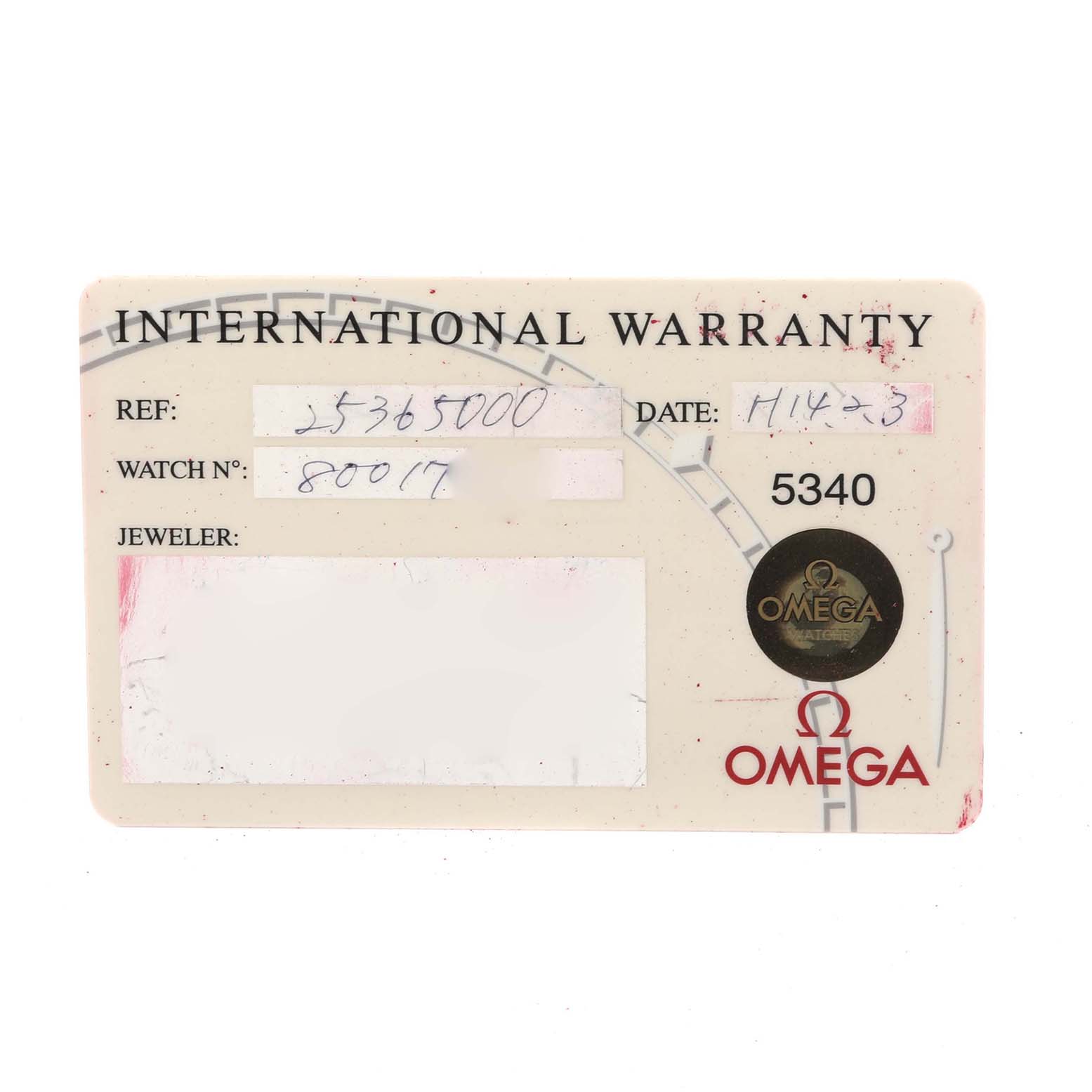 The image shows an Omega Seamaster 2536.50.00 Men
s Stainless Steel Black Dial 2536.50.00 Men
s Stainless Steel Black Dial model international warranty card with details like reference and watch number.