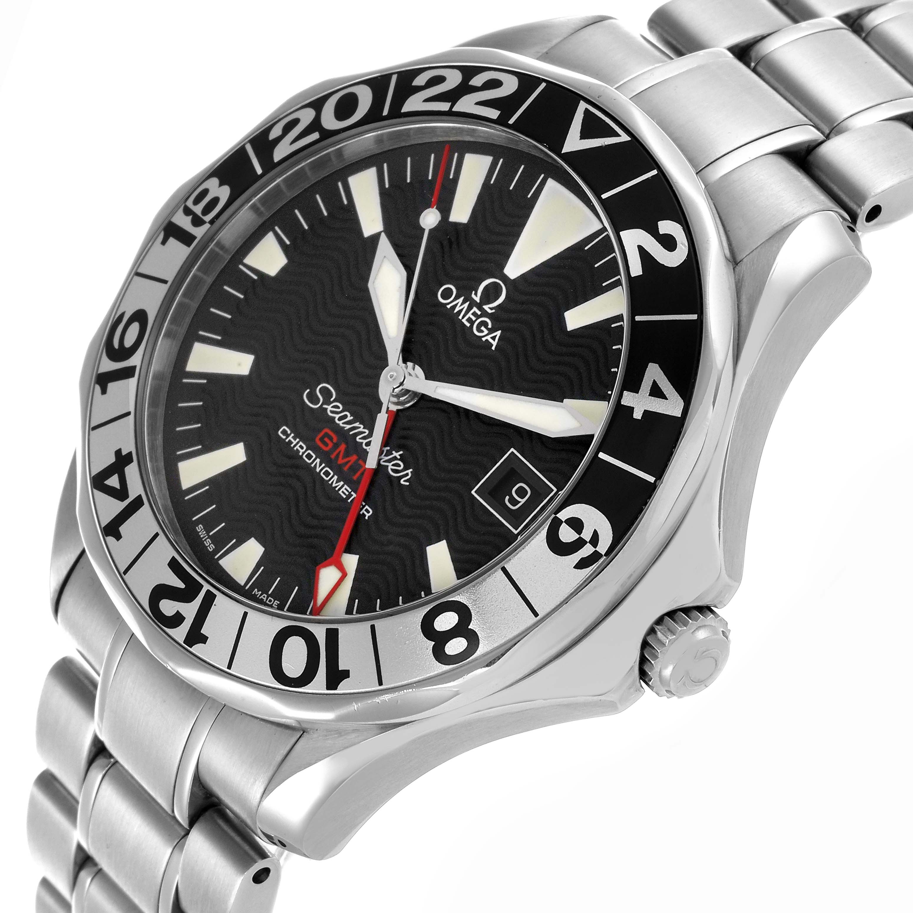 The Omega Seamaster 2536.50.00 Men
s Stainless Steel Black Dial 2536.50.00 Men
s Stainless Steel Black Dial watch is shown at an angle highlighting the face, bezel, crown, and part of the bracelet.