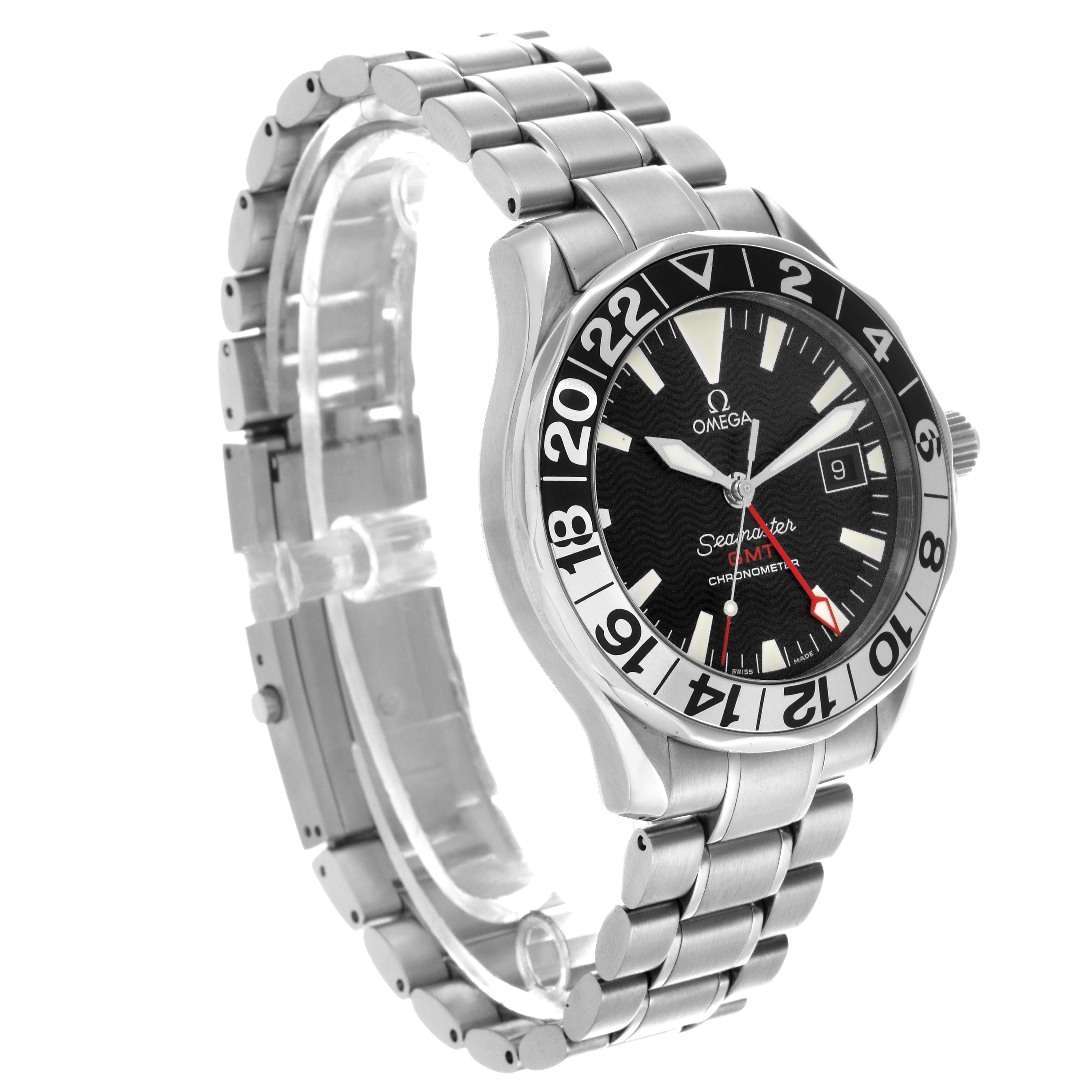 The Omega Seamaster 2536.50.00 Men
s Stainless Steel Black Dial 2536.50.00 Men
s Stainless Steel Black Dial watch is shown at a three-quarter angle, highlighting the face, bezel, and stainless steel bracelet.