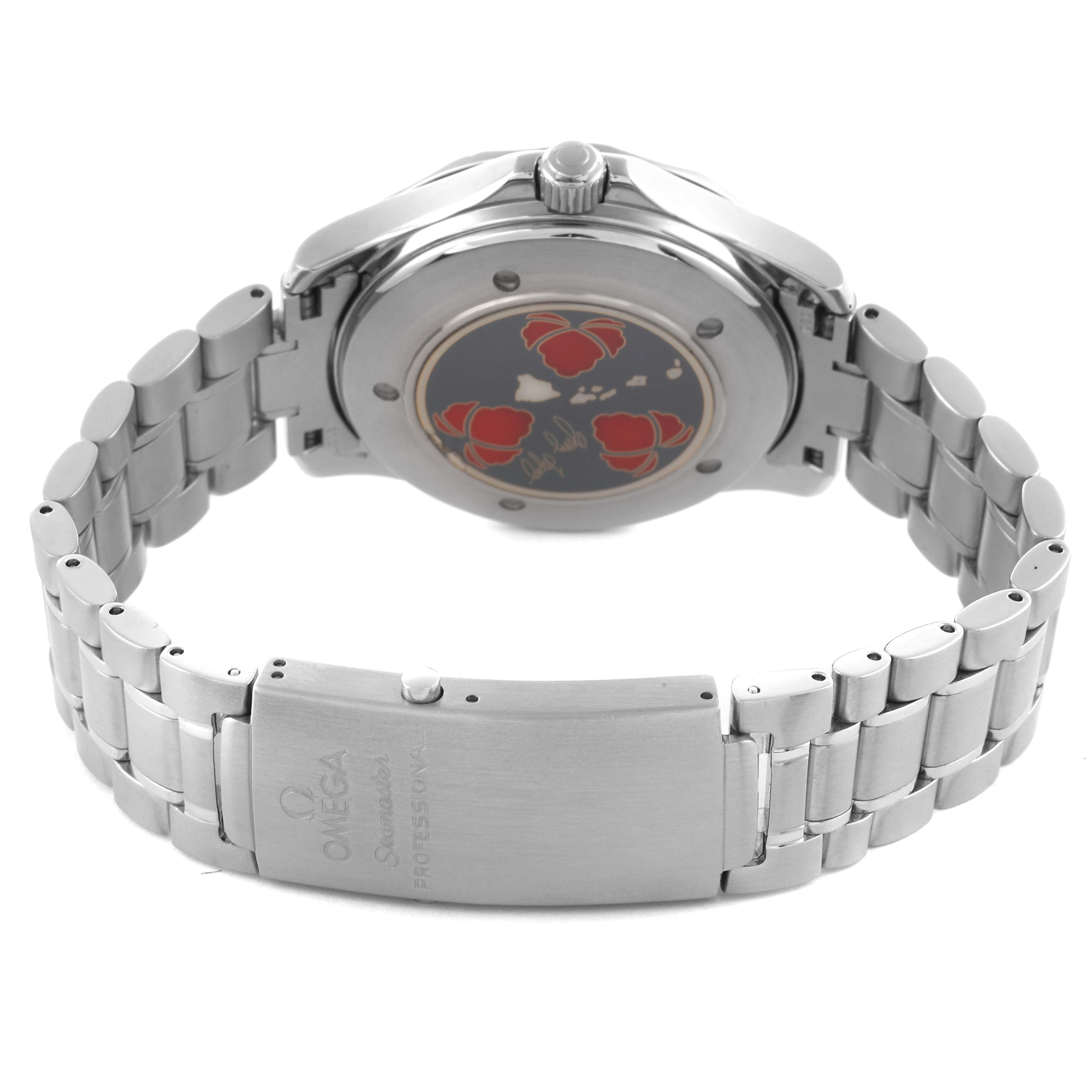 The image shows the back and clasp of the Omega Seamaster 2536.50.00 Men
s Stainless Steel Black Dial 2536.50.00 Men
s Stainless Steel Black Dial watch, displaying the bracelet and engraved details on the case back.