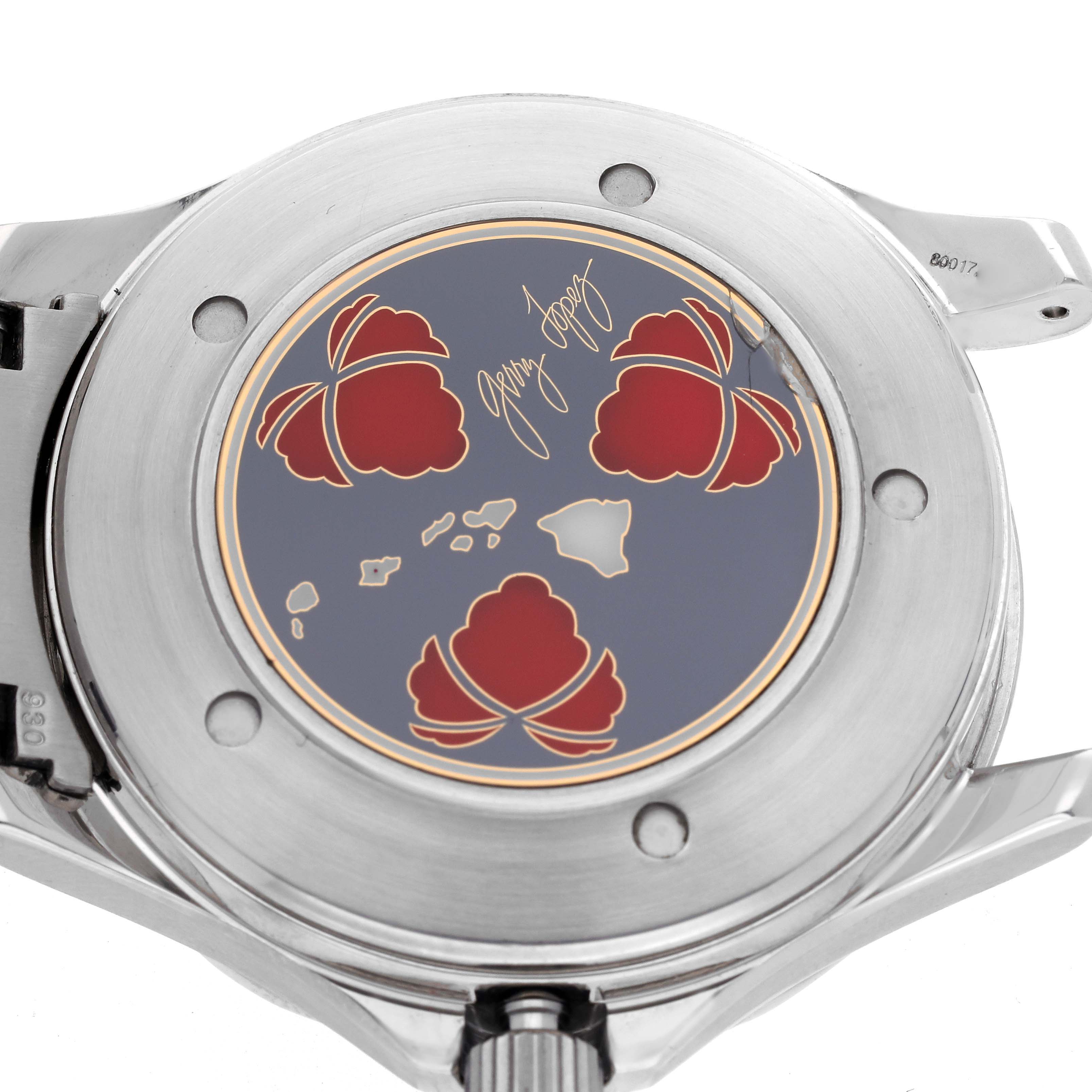 The image shows the back case of an Omega Seamaster 2536.50.00 Men
s Stainless Steel Black Dial 2536.50.00 Men
s Stainless Steel Black Dial watch, featuring decorative engravings and designs.