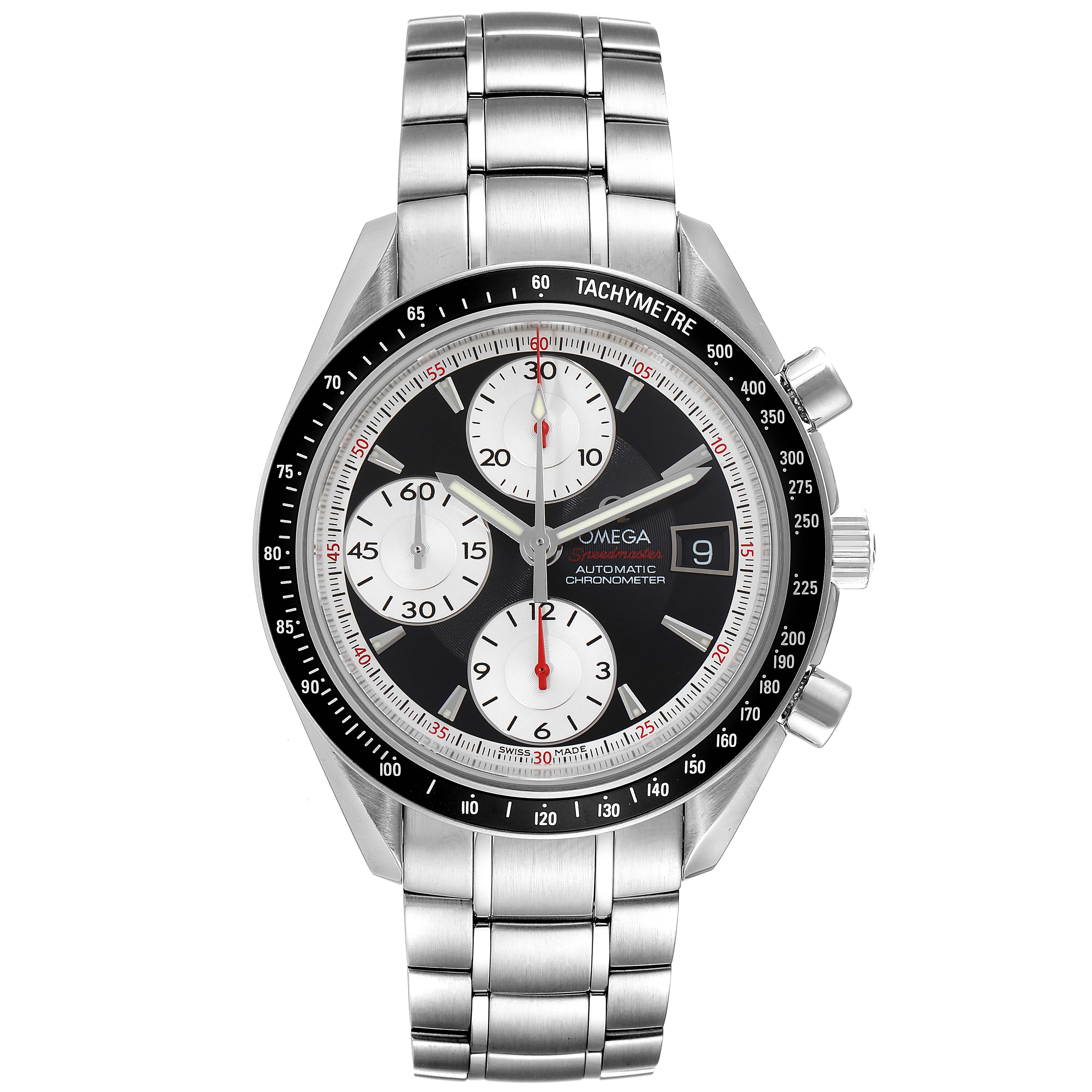 This Omega Speedmaster 3210.51.00 Men's Stainless Steel Black Dial 3210.51.00 Men's Stainless Steel Black Dial watch is shown from a frontal angle, displaying its dial, tachymeter bezel, and stainless steel bracelet.