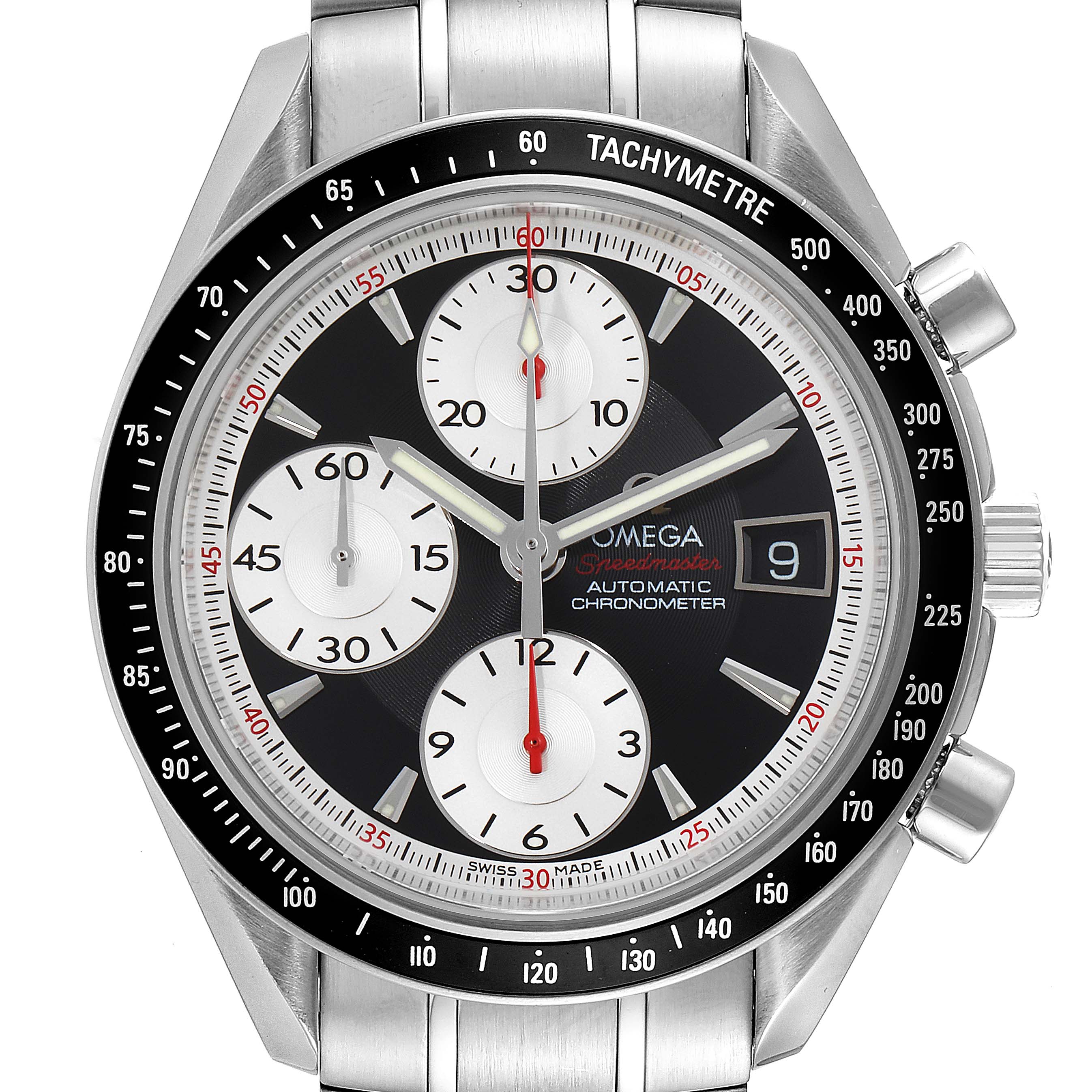 The image shows a front view of an Omega Speedmaster 3210.51.00 Men's Stainless Steel Black Dial 3210.51.00 Men's Stainless Steel Black Dial watch displaying the face, bezel, and part of the stainless steel bracelet.