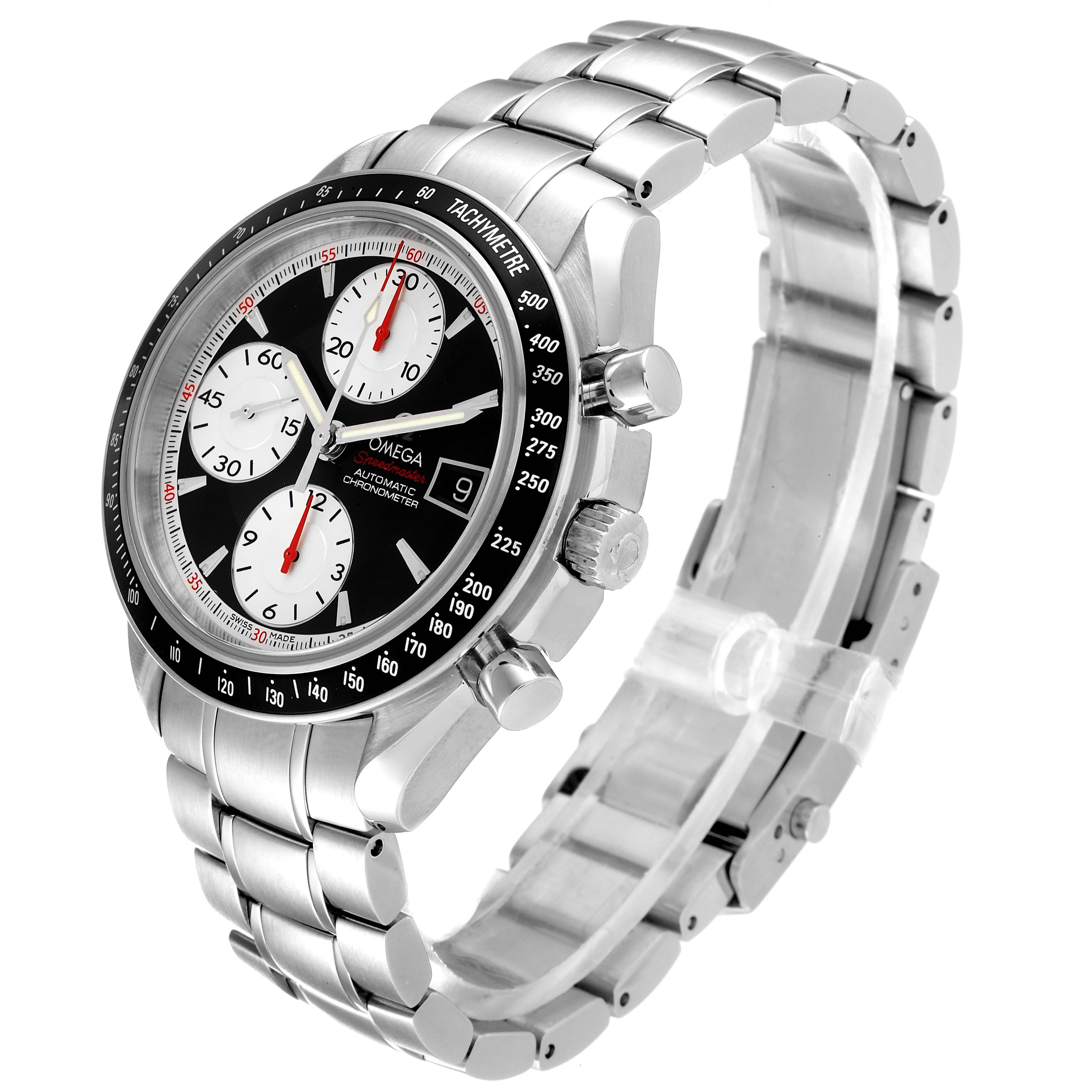 The image shows an angled front view of an Omega Speedmaster 3210.51.00 Men's Stainless Steel Black Dial 3210.51.00 Men's Stainless Steel Black Dial watch, highlighting its dial, bezel, and metallic bracelet.