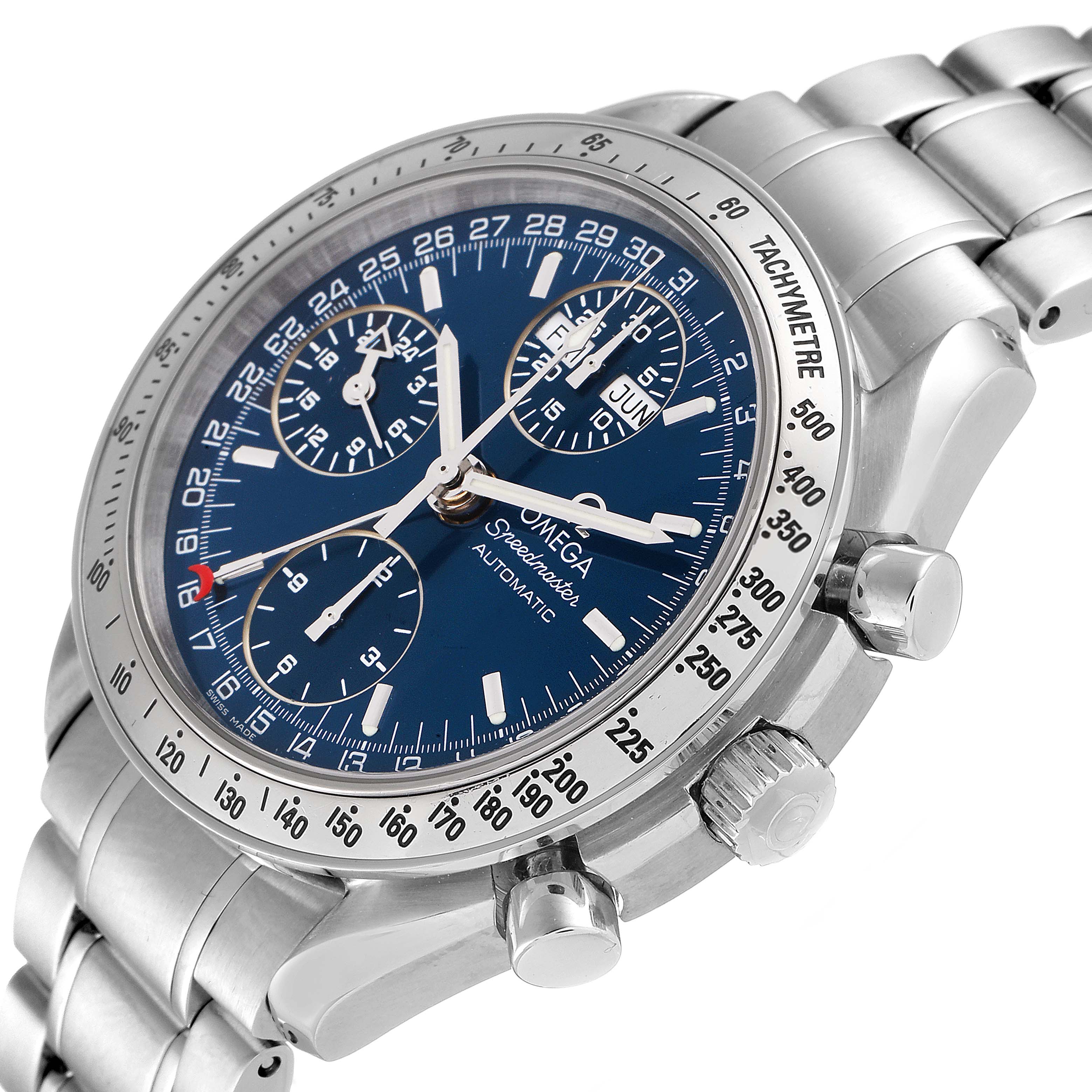 The image shows an angled view of the Omega Speedmaster 3523.80.00 Men
s Stainless Steel Blue Dial 3523.80.00 Men
s Stainless Steel Blue Dial watch displaying the dial, bezel, crown, and part of the bracelet.