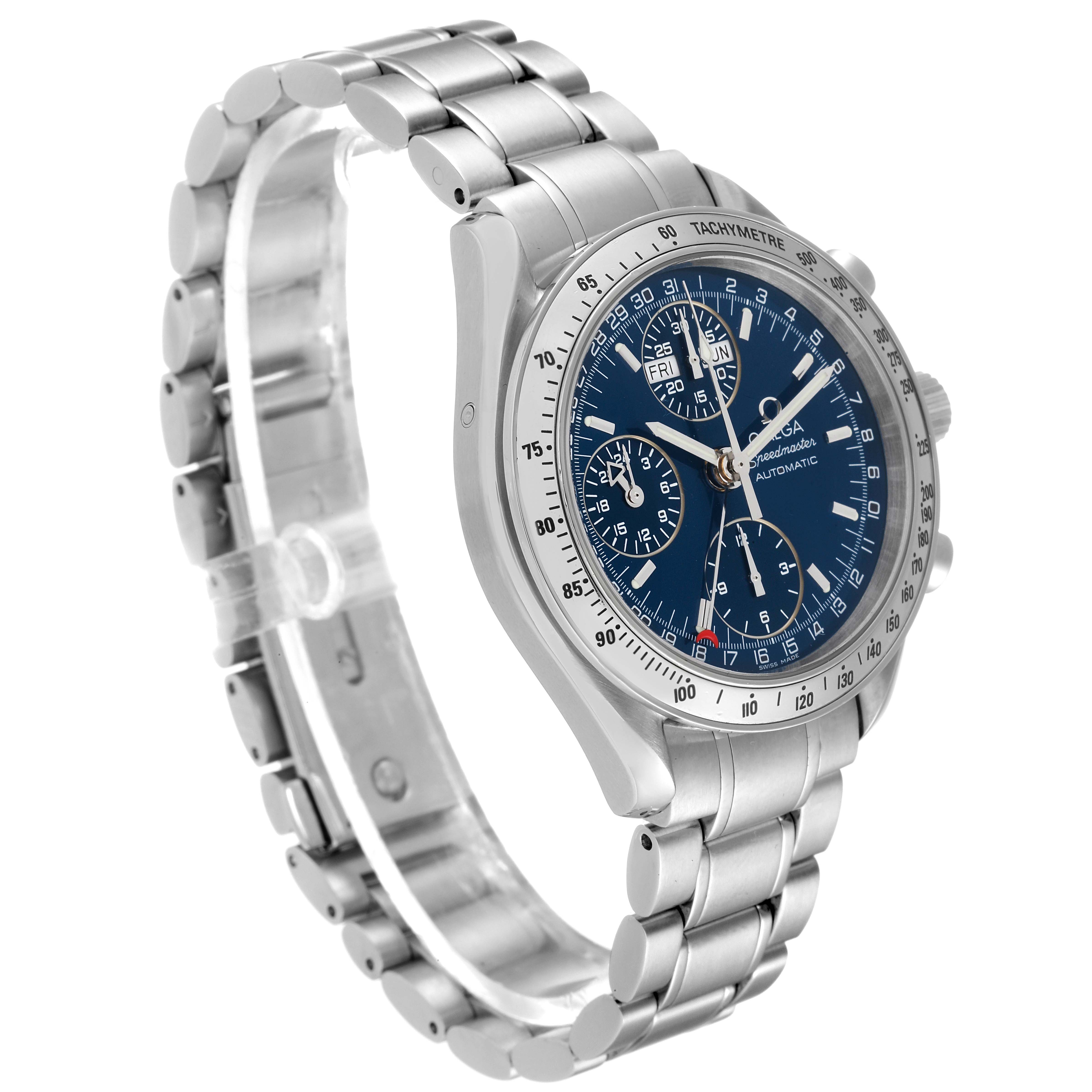 The Omega Speedmaster 3523.80.00 Men
s Stainless Steel Blue Dial 3523.80.00 Men
s Stainless Steel Blue Dial watch is shown at a three-quarter angle, highlighting its bracelet, face, bezel, and subdials.