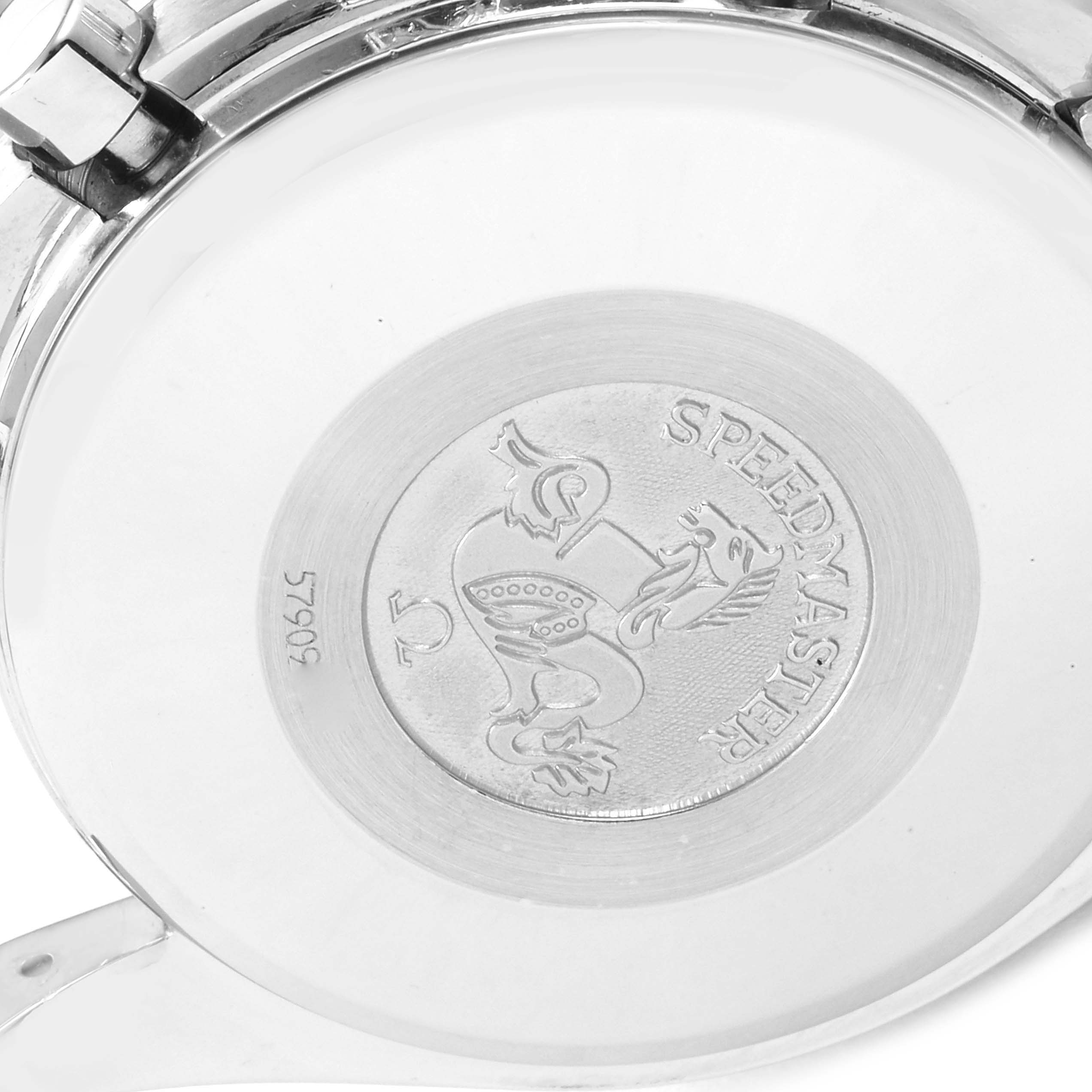 The image shows the back case of an Omega Speedmaster 3523.80.00 Men
s Stainless Steel Blue Dial 3523.80.00 Men
s Stainless Steel Blue Dial watch, featuring the embossed logo and model name.