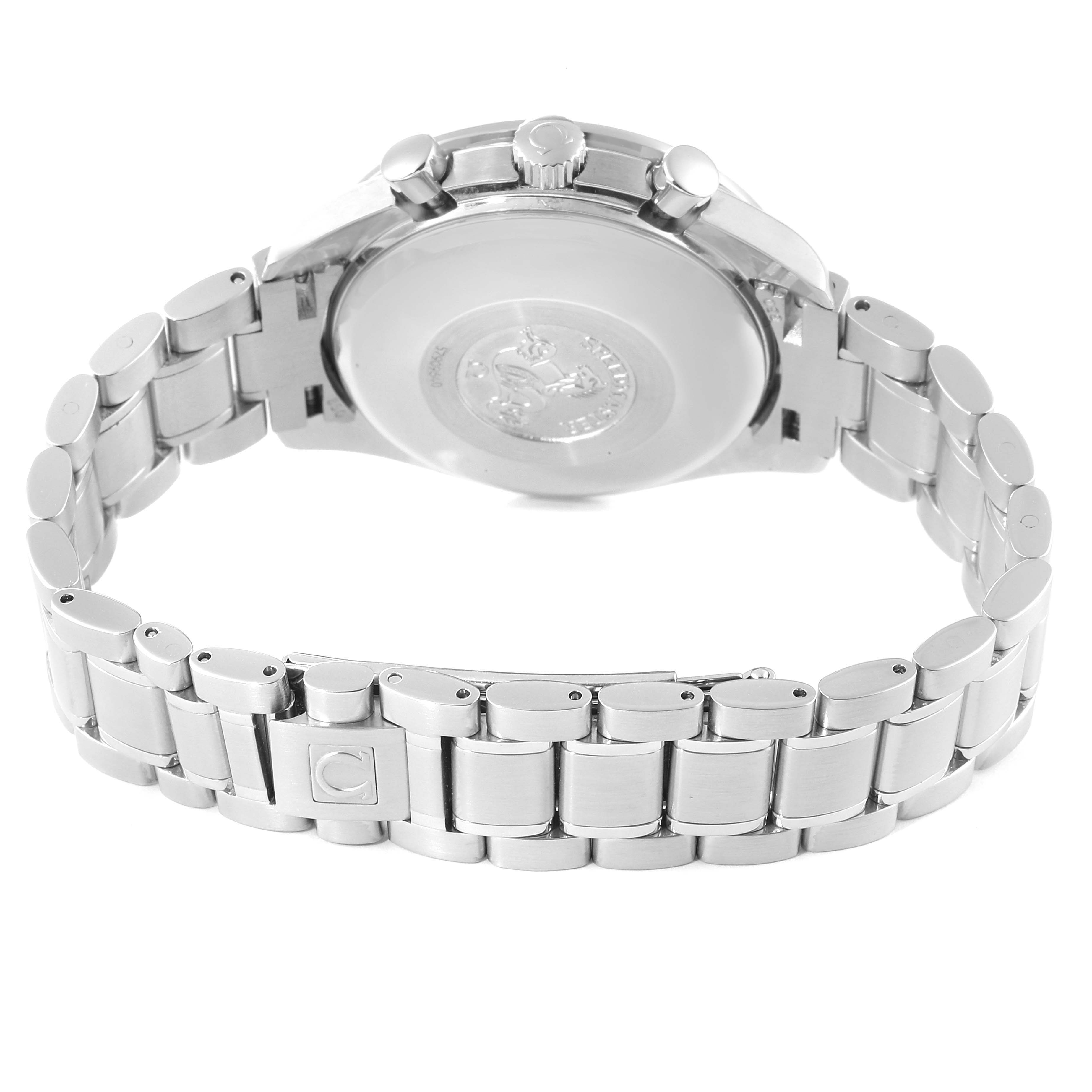 This image shows the back case, pushers, crown, and bracelet of the Omega Speedmaster 3523.80.00 Men
s Stainless Steel Blue Dial 3523.80.00 Men
s Stainless Steel Blue Dial watch.