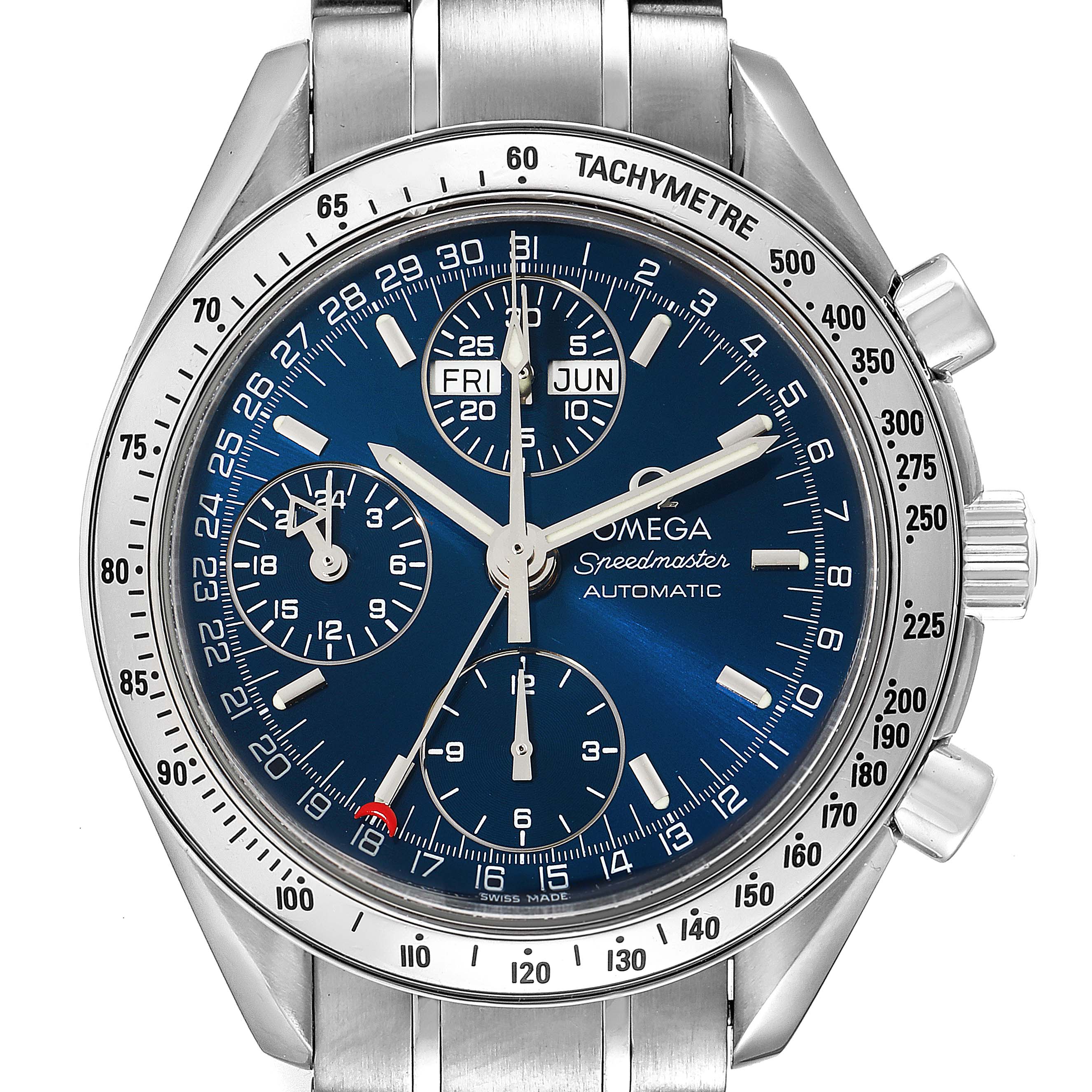 The image shows a straight-on view of an Omega Speedmaster 3523.80.00 Men
s Stainless Steel Blue Dial 3523.80.00 Men
s Stainless Steel Blue Dial watch, highlighting its blue dial, subdials, and tachymeter bezel.