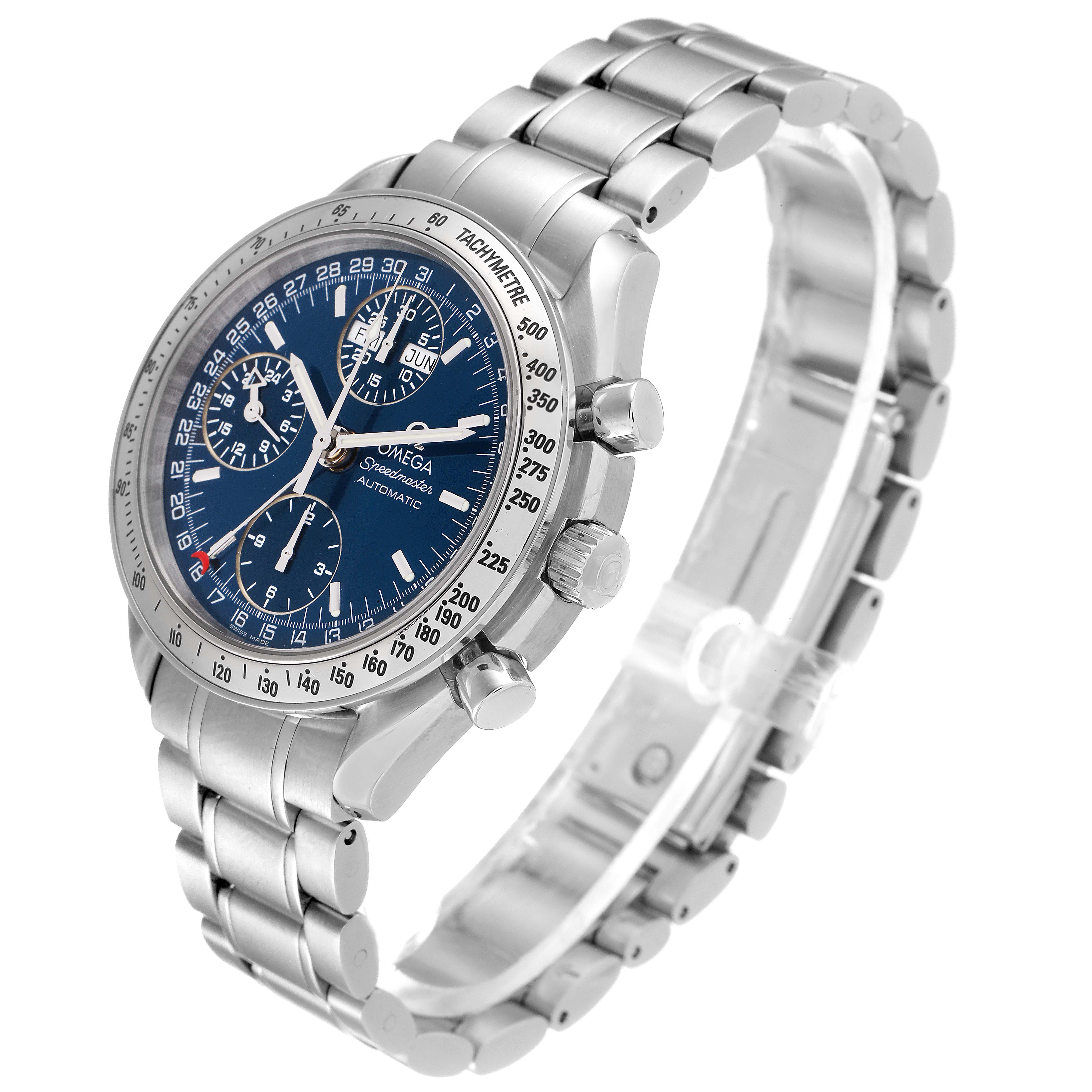 This image shows an Omega Speedmaster 3523.80.00 Men
s Stainless Steel Blue Dial 3523.80.00 Men
s Stainless Steel Blue Dial watch at an angle highlighting the face, side buttons, and the metal bracelet.