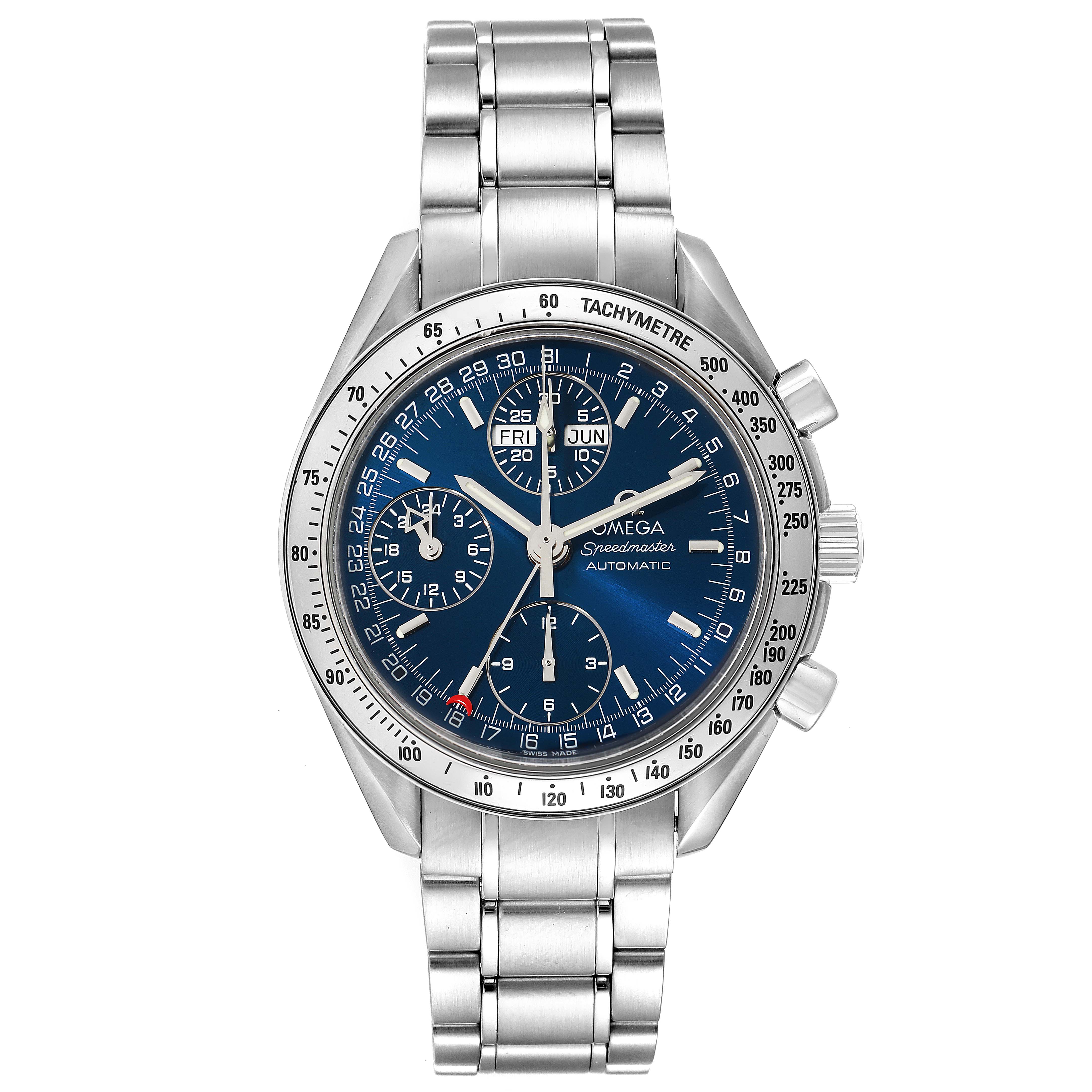 This image shows a frontal view of the Omega Speedmaster 3523.80.00 Men
s Stainless Steel Blue Dial 3523.80.00 Men
s Stainless Steel Blue Dial watch, displaying its face, tachymeter bezel, and stainless steel bracelet.