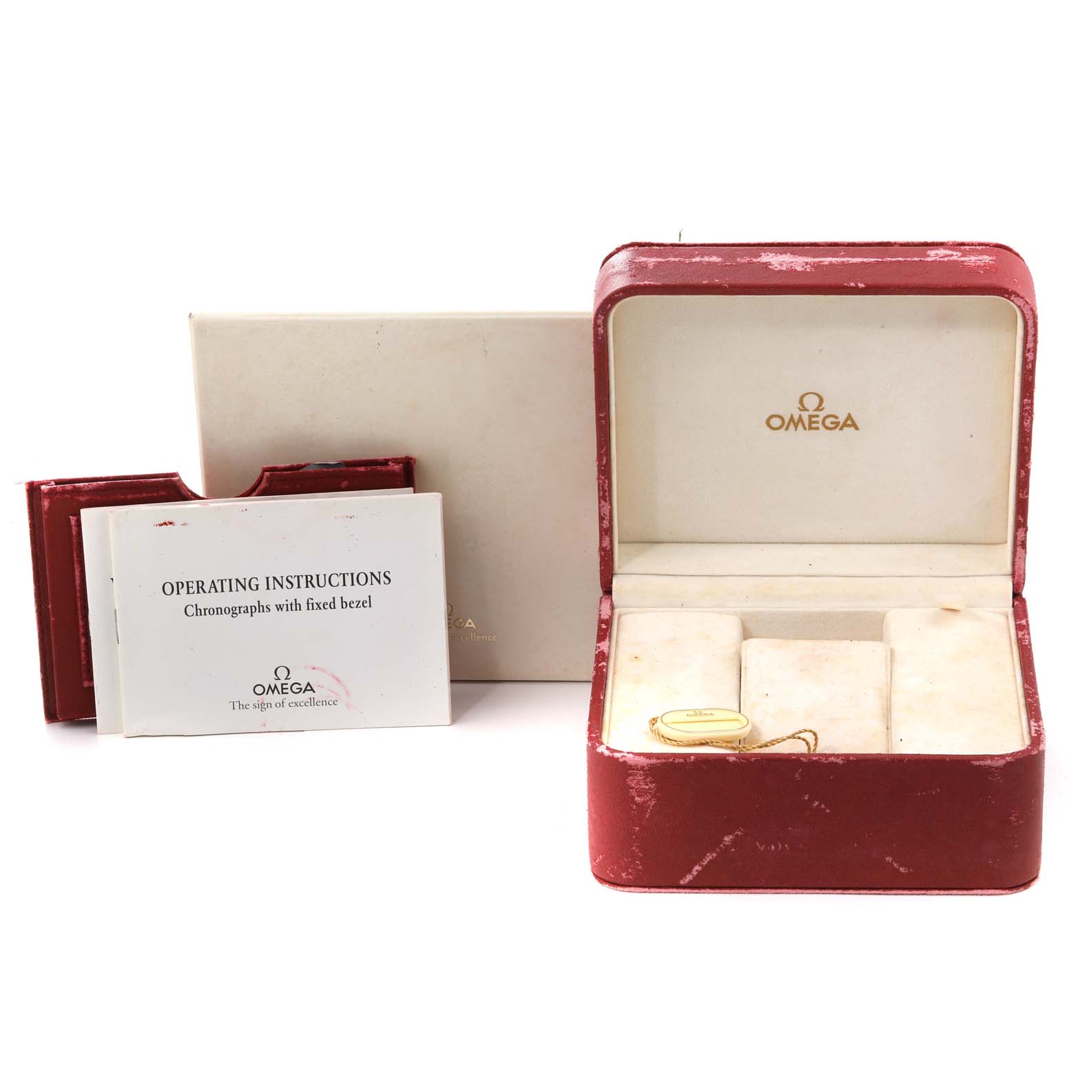 An Omega Speedmaster 3313.53.00 Men's Steel and Gold (two tone) Black Dial 3313.53.00 Men's Steel and Gold (two tone) Black Dial watch display box, accompanying outer box, and operating instructions are shown in the image.