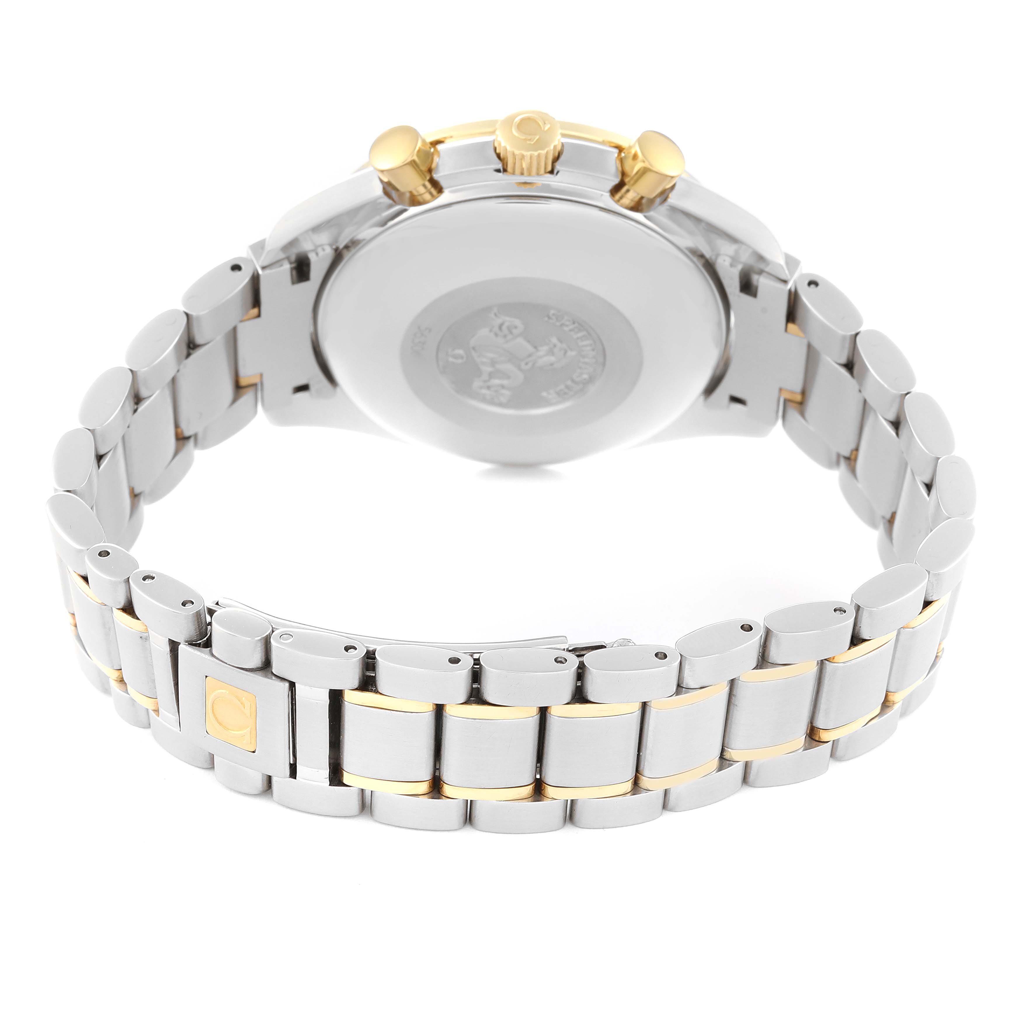 The image shows the back view of an Omega Speedmaster 3313.53.00 Men's Steel and Gold (two tone) Black Dial 3313.53.00 Men's Steel and Gold (two tone) Black Dial watch featuring its clasp, crown, and part of the bracelet.