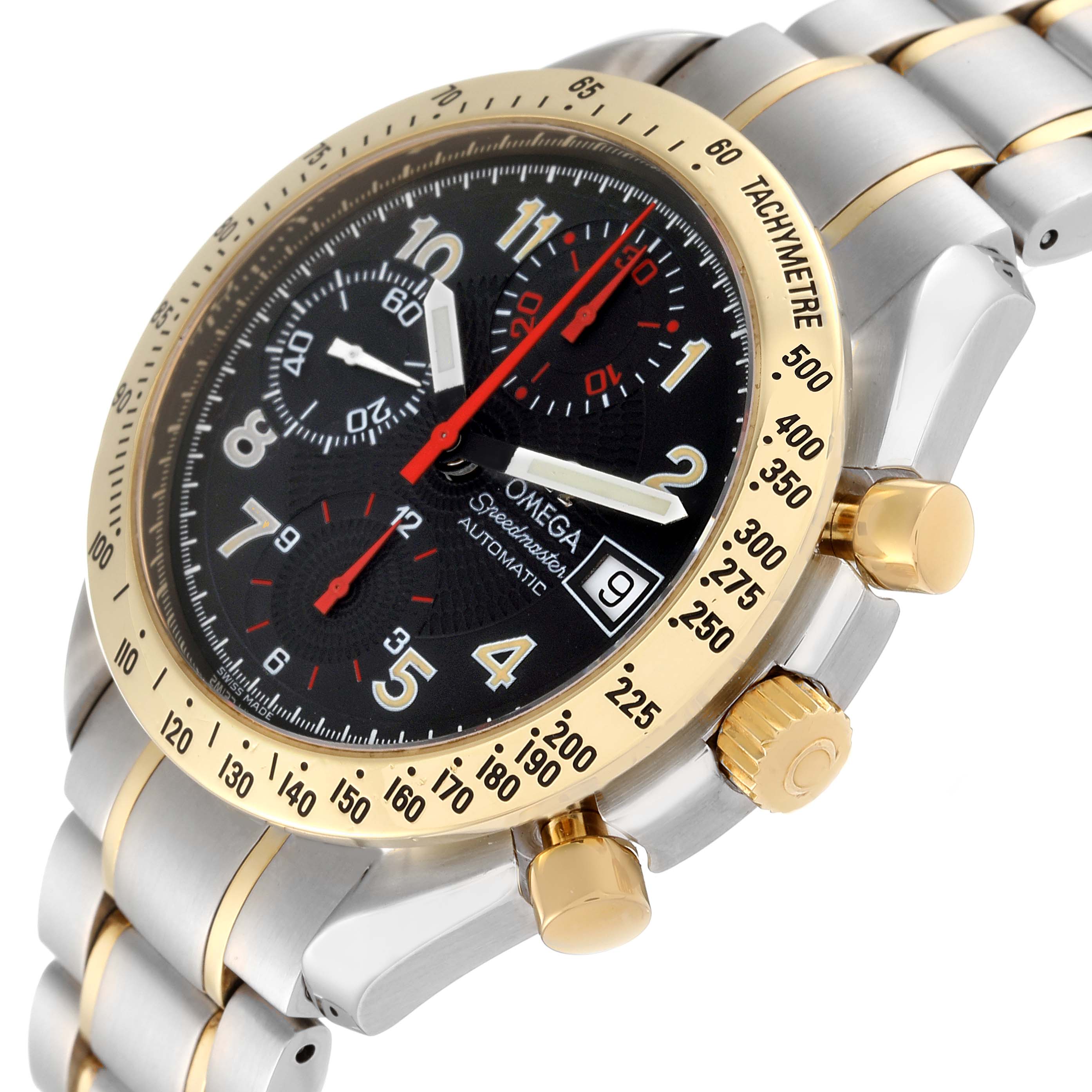 The image shows an Omega Speedmaster 3313.53.00 Men's Steel and Gold (two tone) Black Dial 3313.53.00 Men's Steel and Gold (two tone) Black Dial watch angled to display the face, bezel, and part of the bracelet.