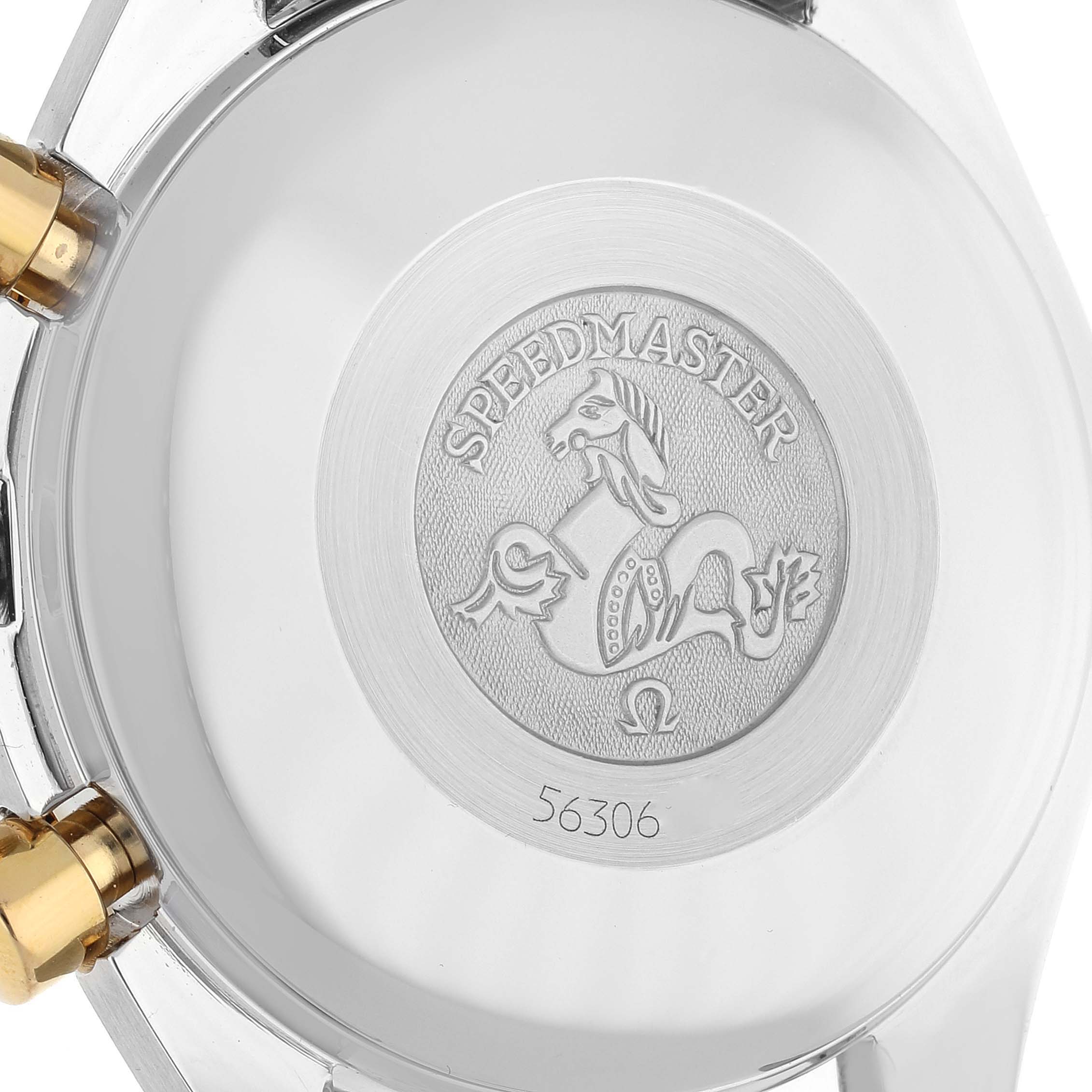 The image shows the case back of an Omega Speedmaster 3313.53.00 Men's Steel and Gold (two tone) Black Dial 3313.53.00 Men's Steel and Gold (two tone) Black Dial watch, highlighting its engraved logo and model details.