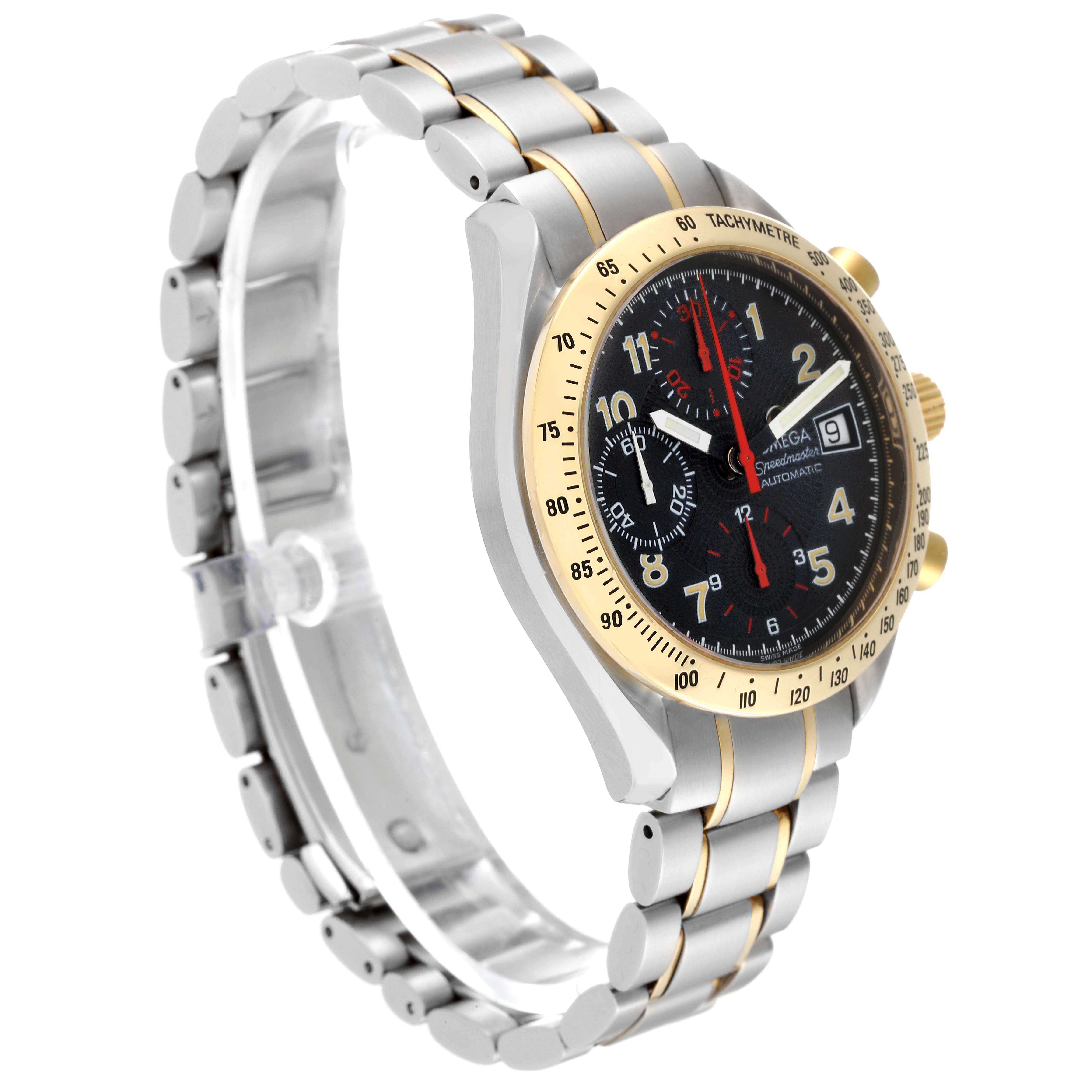 The image shows an angled side view of the Omega Speedmaster 3313.53.00 Men's Steel and Gold (two tone) Black Dial 3313.53.00 Men's Steel and Gold (two tone) Black Dial watch, highlighting its dial, bezel, and two-tone bracelet.