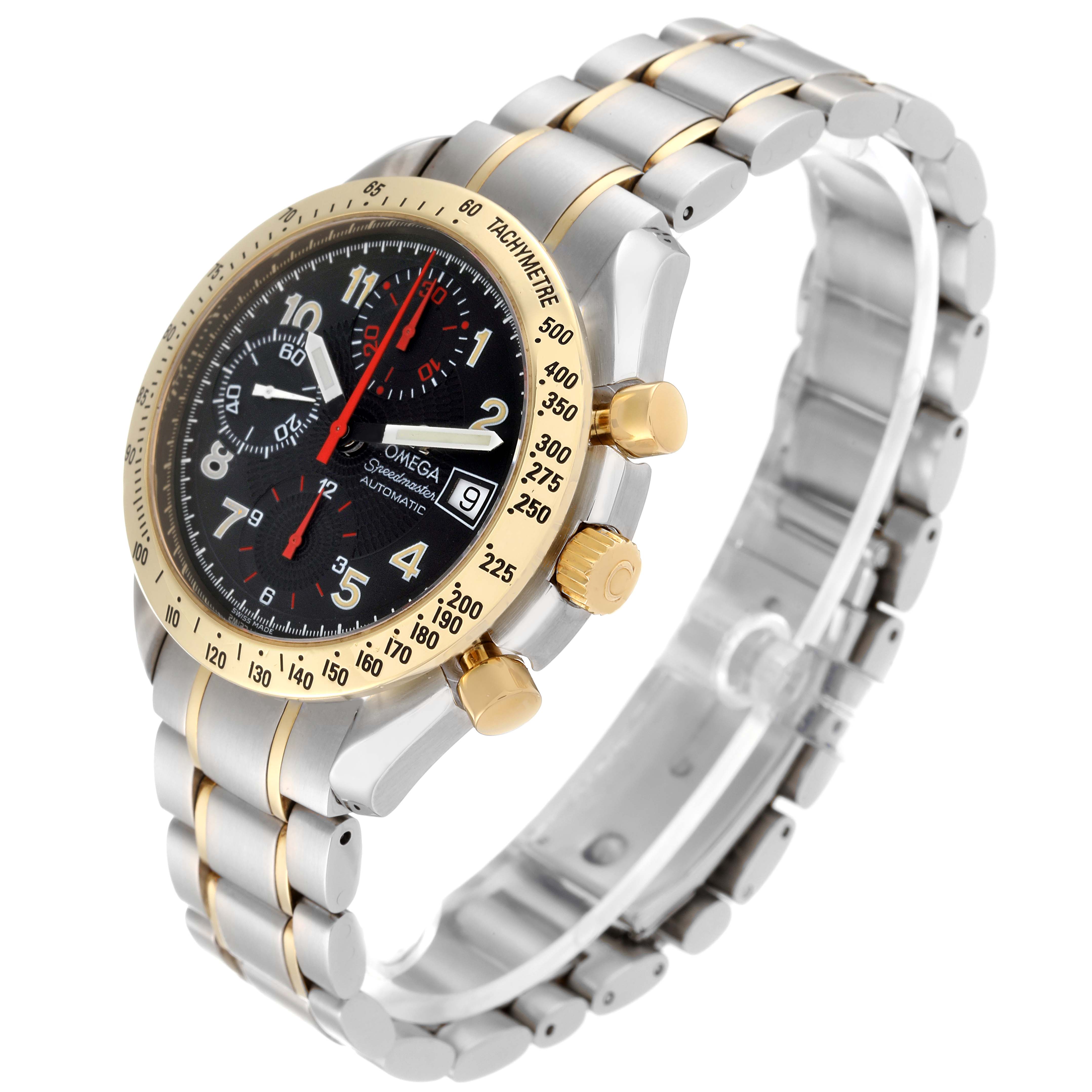 This Omega Speedmaster 3313.53.00 Men's Steel and Gold (two tone) Black Dial 3313.53.00 Men's Steel and Gold (two tone) Black Dial watch is shown at a slight angle, highlighting the bezel, dial, buttons, and bracelet.